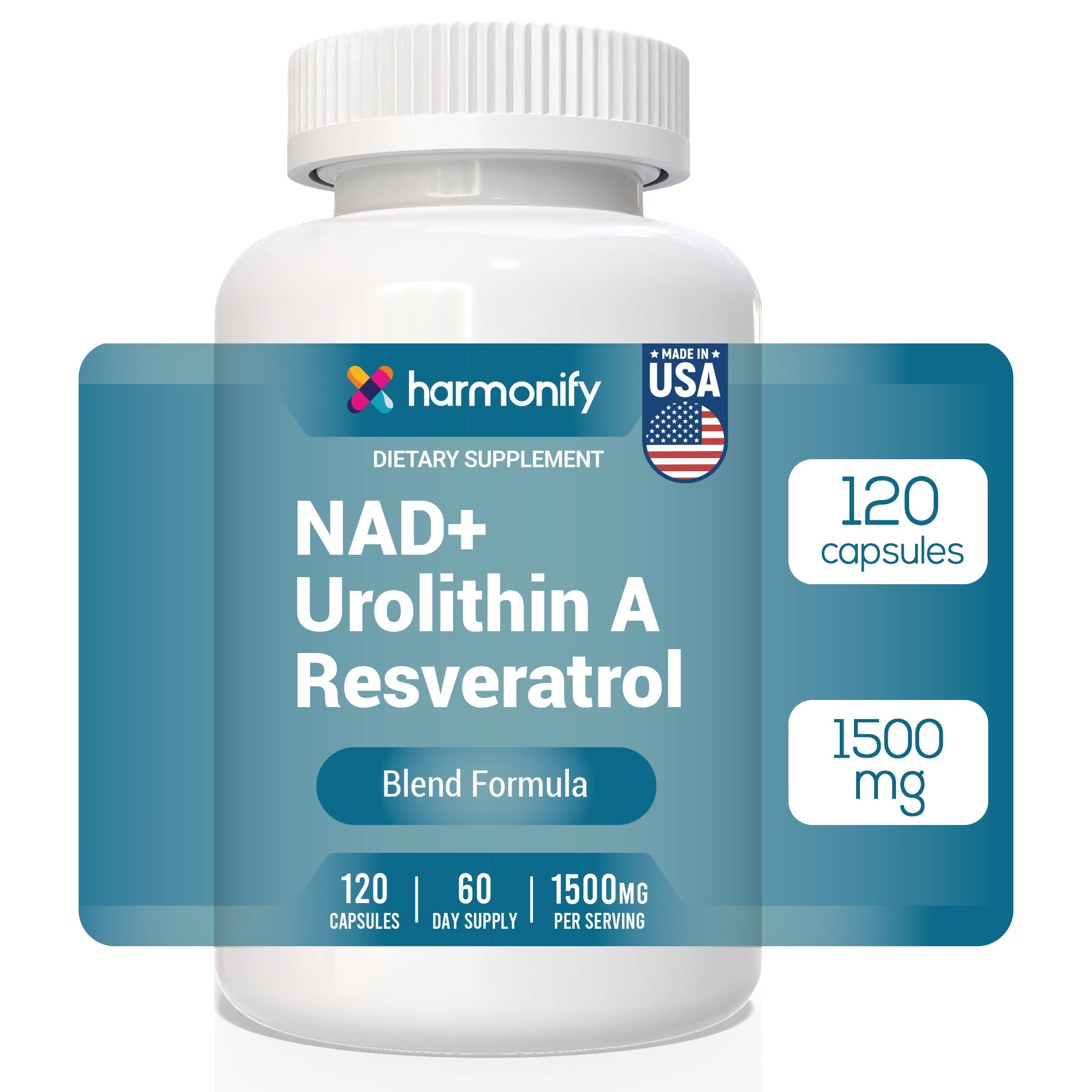 HARMONIFY NAD Nicotinamide Riboside Resveratrol with Urolithin A 1500mg, Advance Support Supplement, 120 Capsules, Proudly USA Company