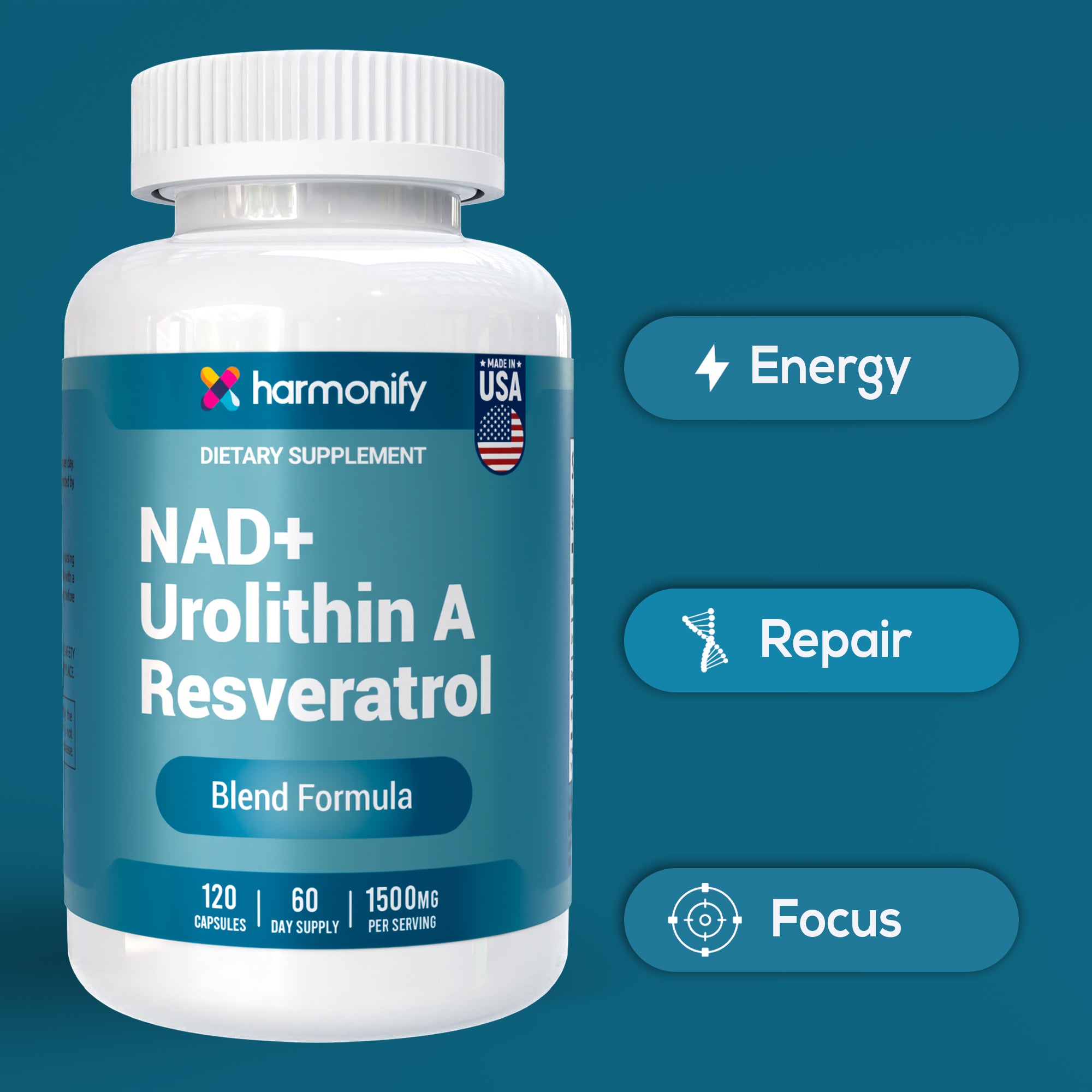 HARMONIFY NAD Nicotinamide Riboside Resveratrol with Urolithin A 1500mg, Advance Support Supplement, 120 Capsules, Proudly USA Company