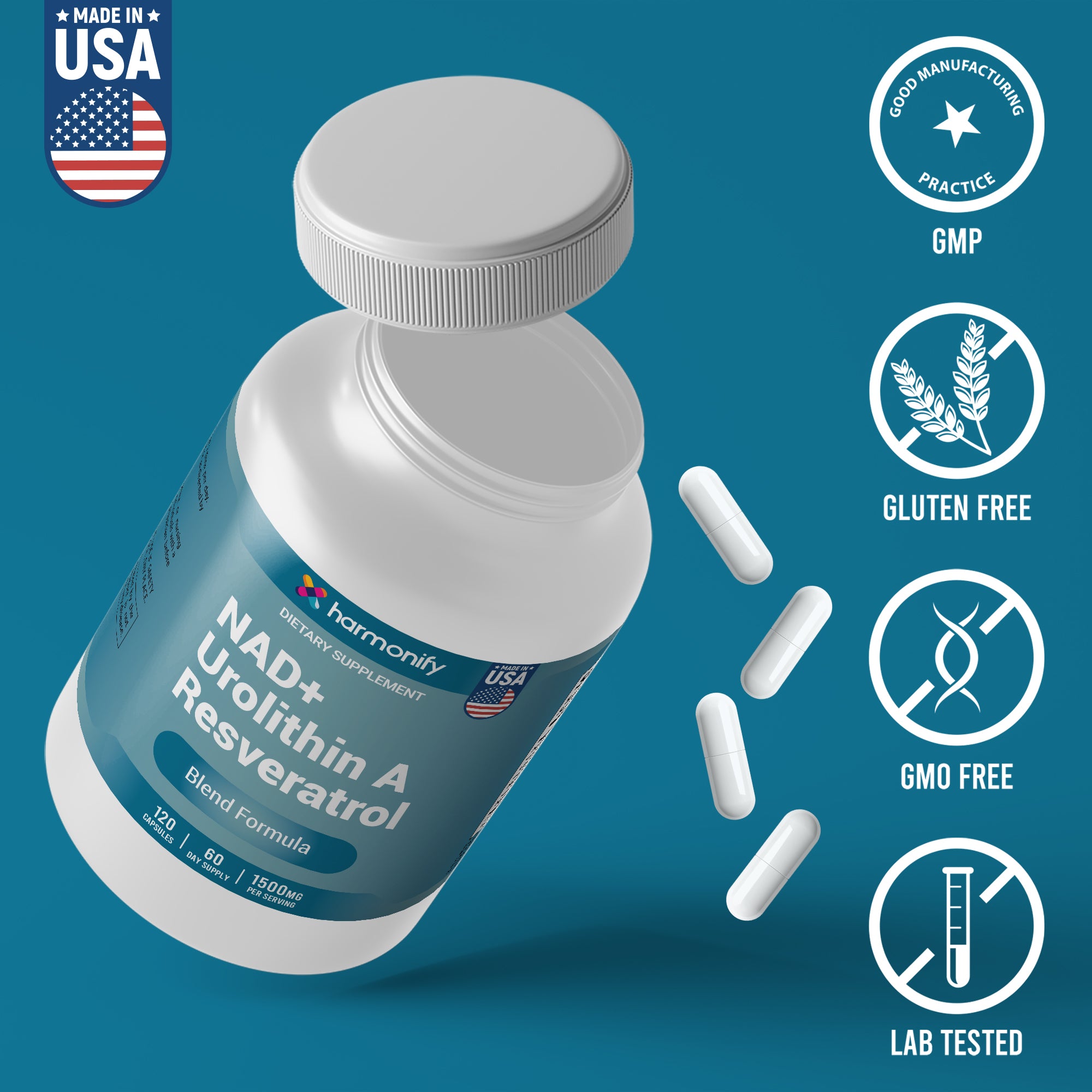 HARMONIFY NAD Nicotinamide Riboside Resveratrol with Urolithin A 1500mg, Advance Support Supplement, 120 Capsules, Proudly USA Company