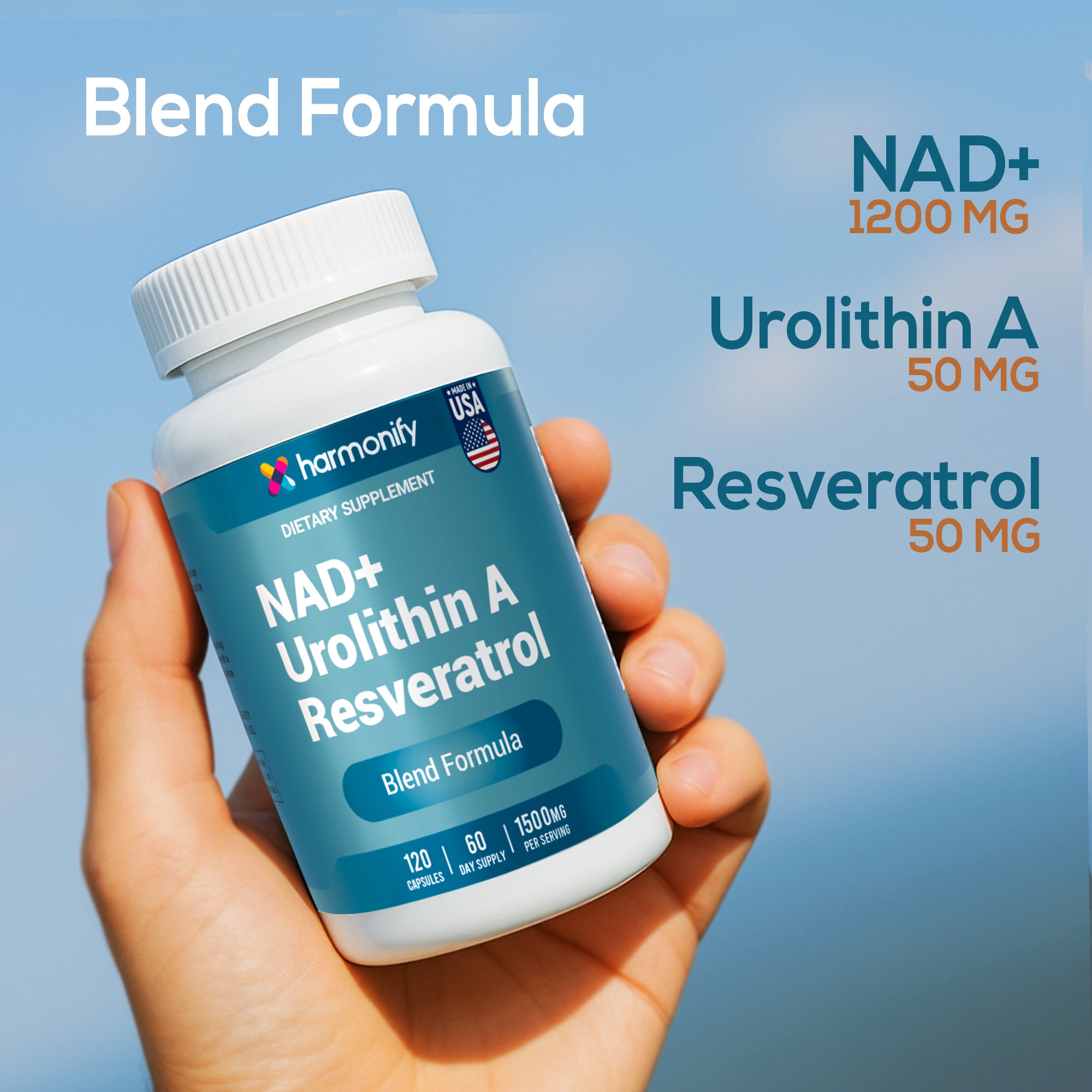 HARMONIFY NAD Nicotinamide Riboside Resveratrol with Urolithin A 1500mg, Advance Support Supplement, 120 Capsules, Proudly USA Company