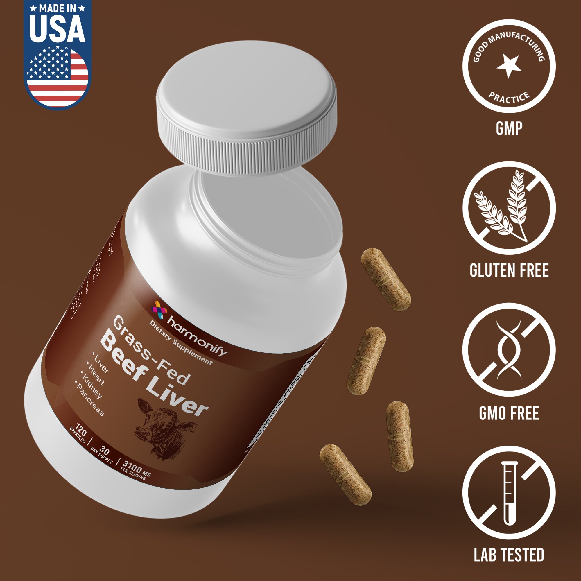 HARMONIFY Bovine Beef Liver Capsules 3100 mg Supplement Nutrient Grass-Fed Non GMO 120 Capsules