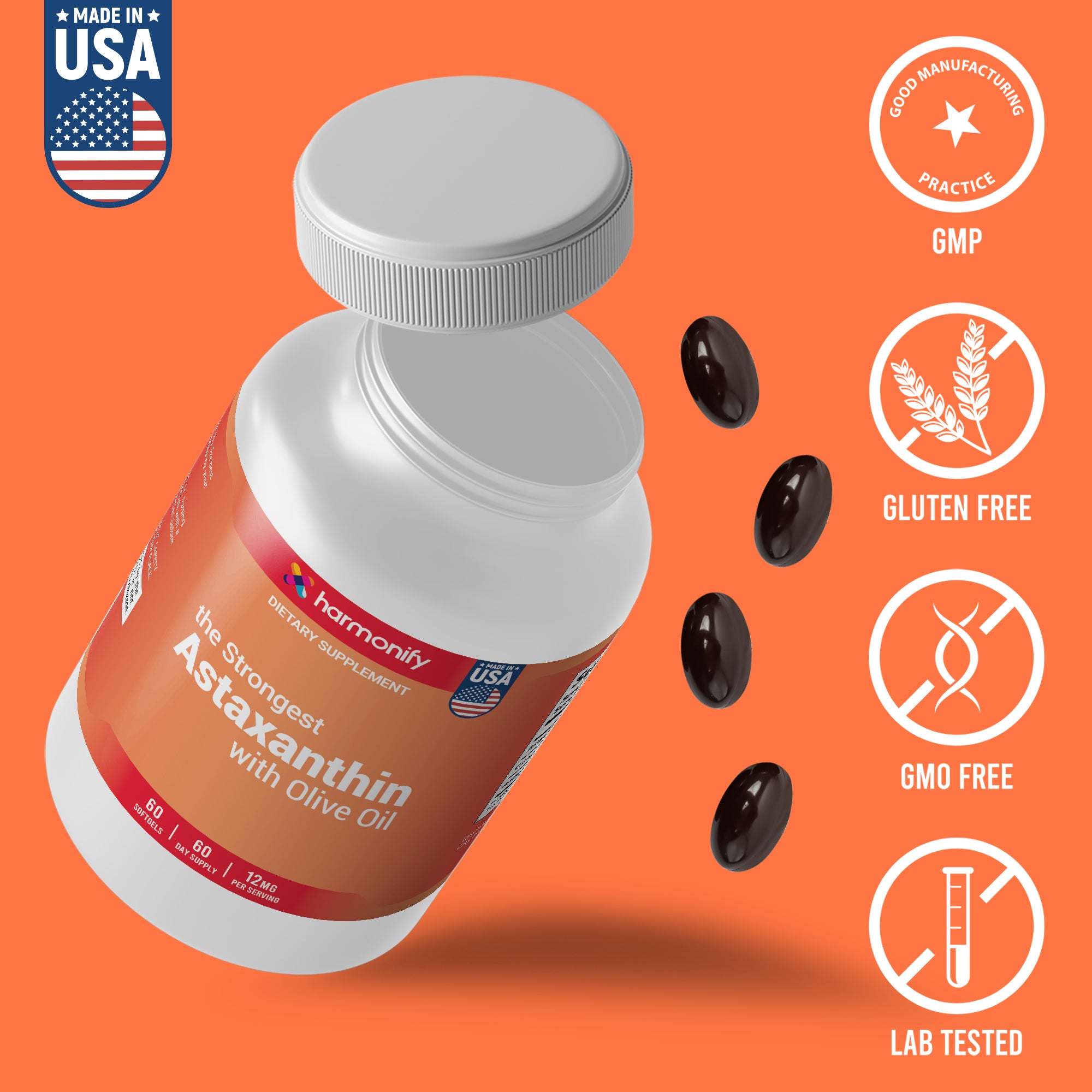 HARMONIFY Astaxanthin 12mg – 60 Softgels | 60-Day Supply | With Olive Oil & Vitamin E | Potent Antioxidant Support for Skin, Eyes & Joints