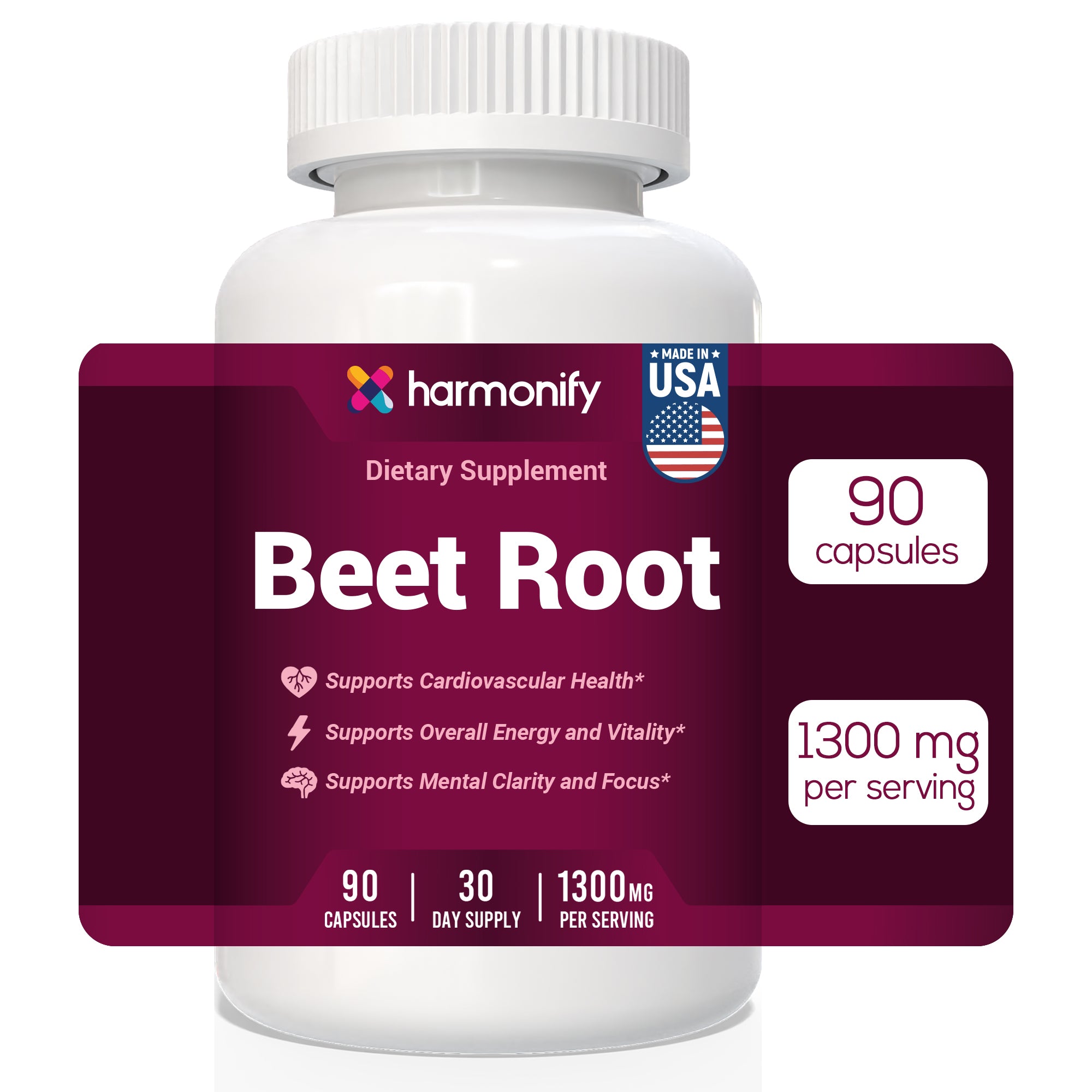 HARMONIFY Beet Root Capsules – 1300mg per Serving – 90 Capsules | 30-Day Supply | Supports Cardiovascular Health, Energy & Mental Clarity | Made in USA