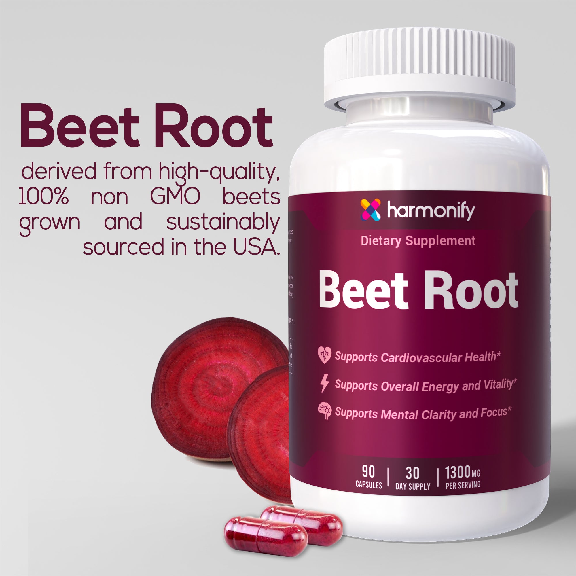 HARMONIFY Beet Root Capsules – 1300mg per Serving – 90 Capsules | 30-Day Supply | Supports Cardiovascular Health, Energy & Mental Clarity | Made in USA