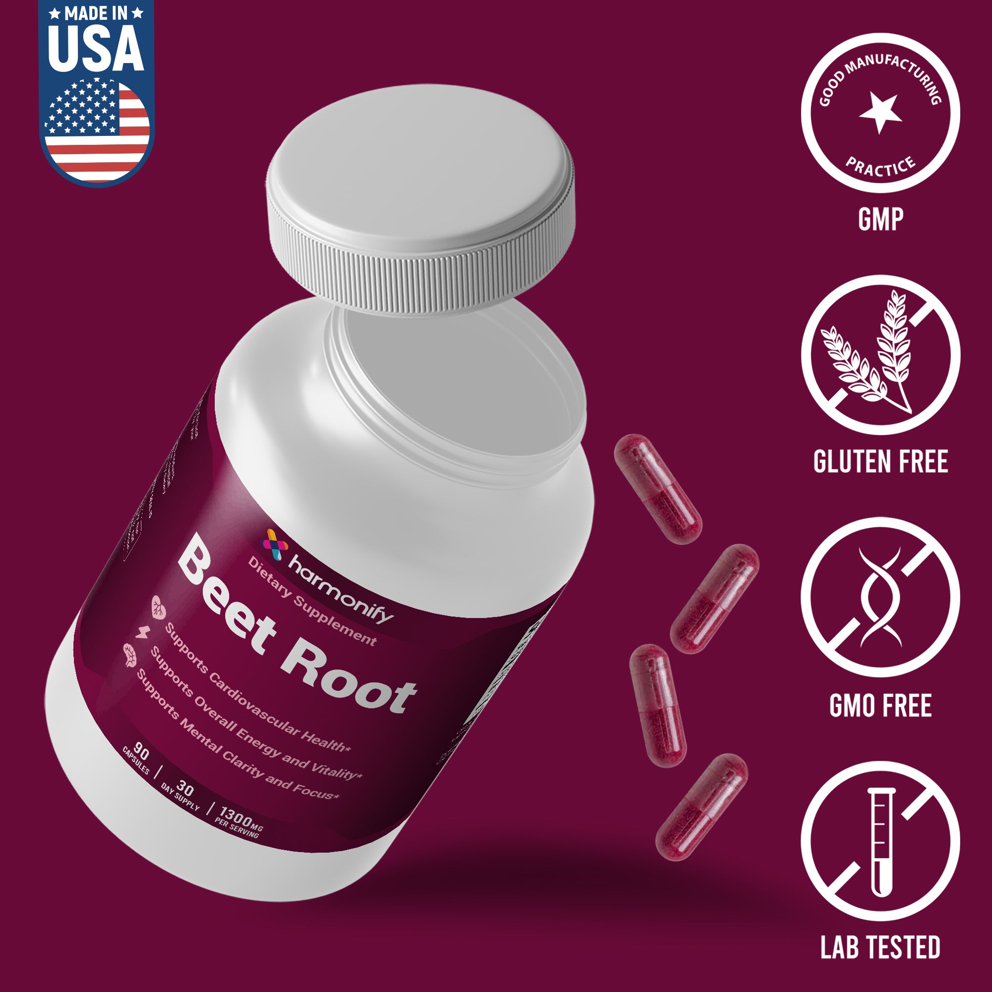 HARMONIFY Beet Root Capsules – 1300mg per Serving – 90 Capsules | 30-Day Supply | Supports Cardiovascular Health, Energy & Mental Clarity | Made in USA