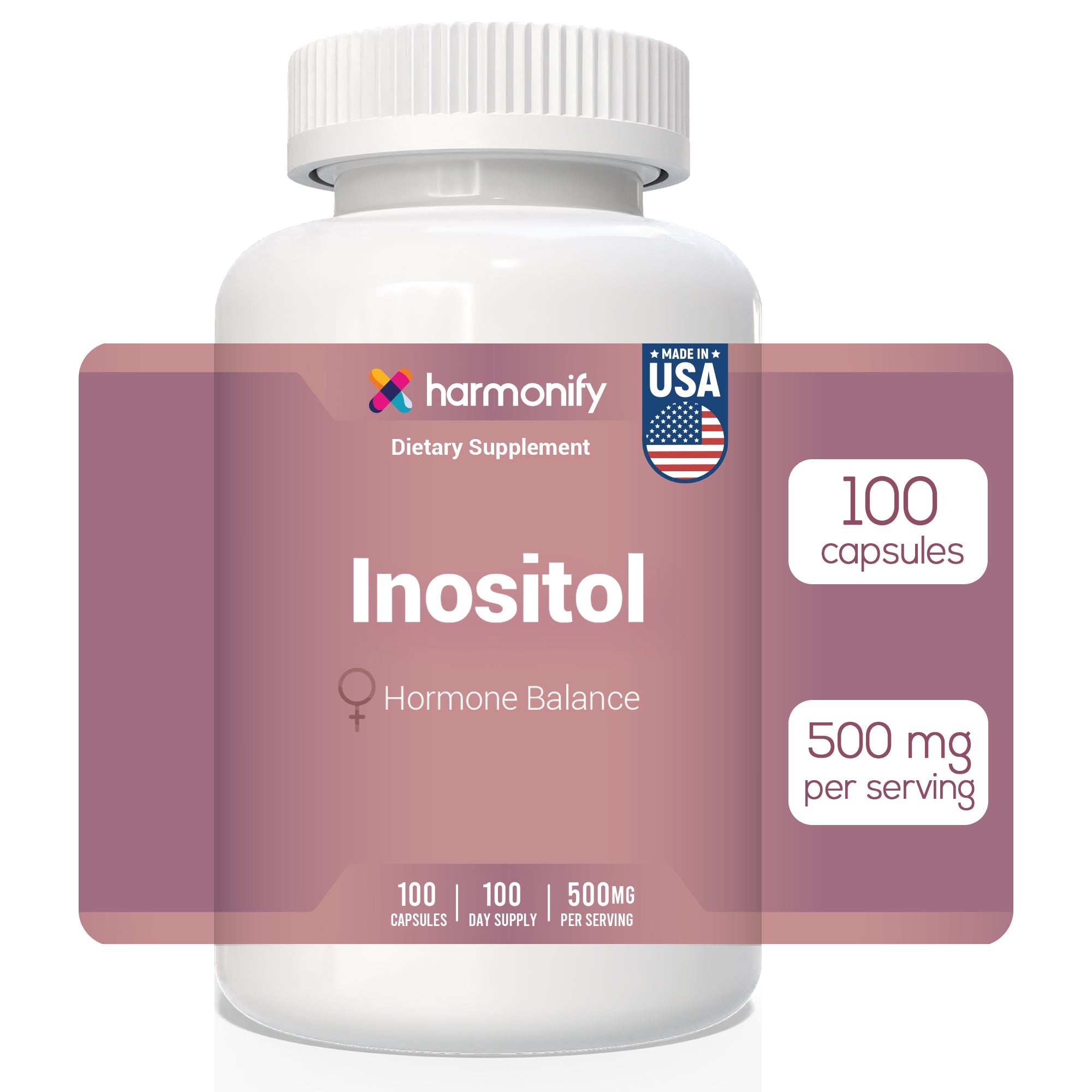 HARMONIFY  Inositol 500mg – Hormone Balance Support – 100 Capsules | Myo-Inositol Supplement for Women’s Reproductive Health, Mood & Ovarian Support | Non-GMO, Vegan-Friendly