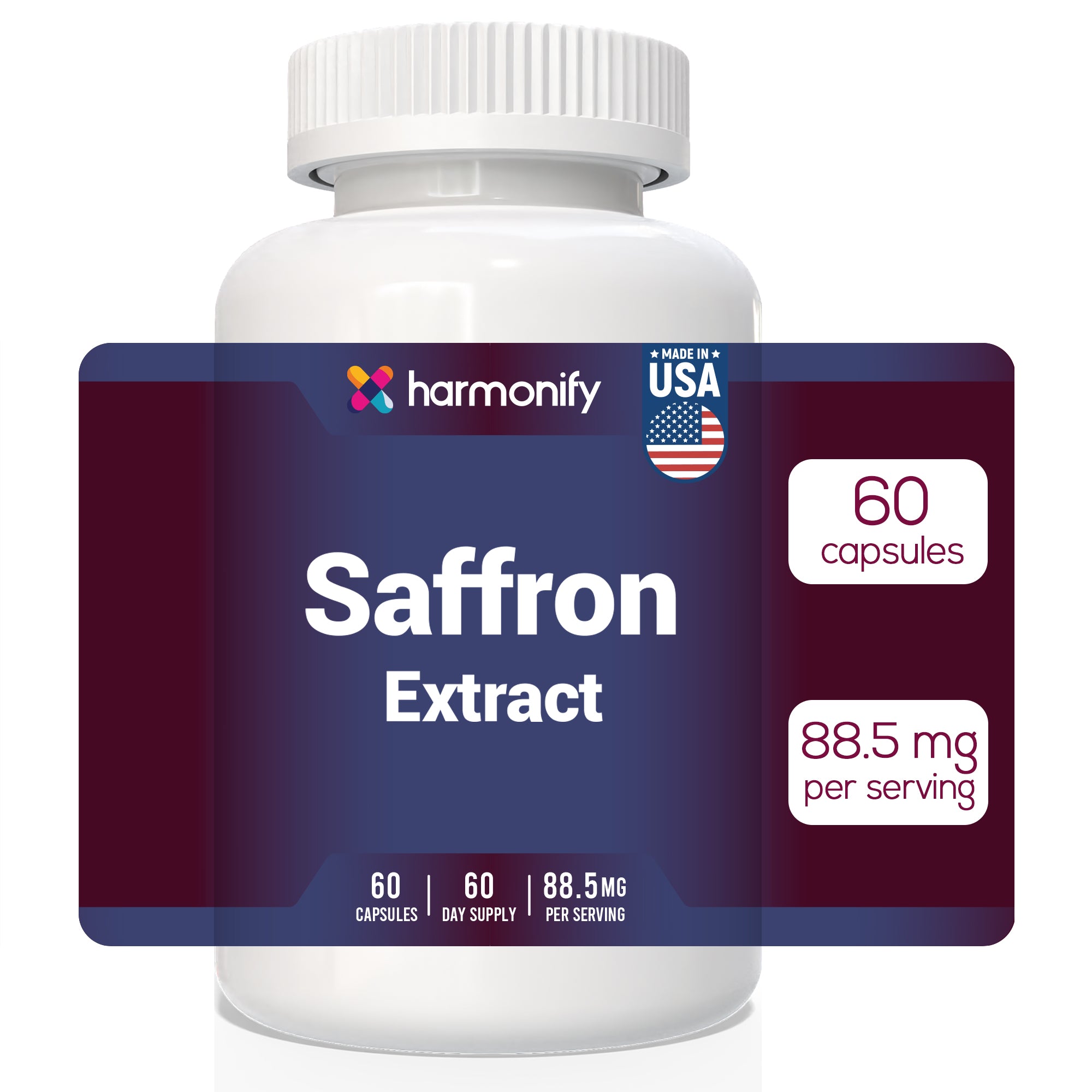 HARMONIFY Saffron Extract 88.5mg – Mood, Eye & Appetite Support – 60 Capsules | Natural Saffron Supplement from Crocus Sativus L. | Non-GMO, Vegan-Friendly, Made in USA