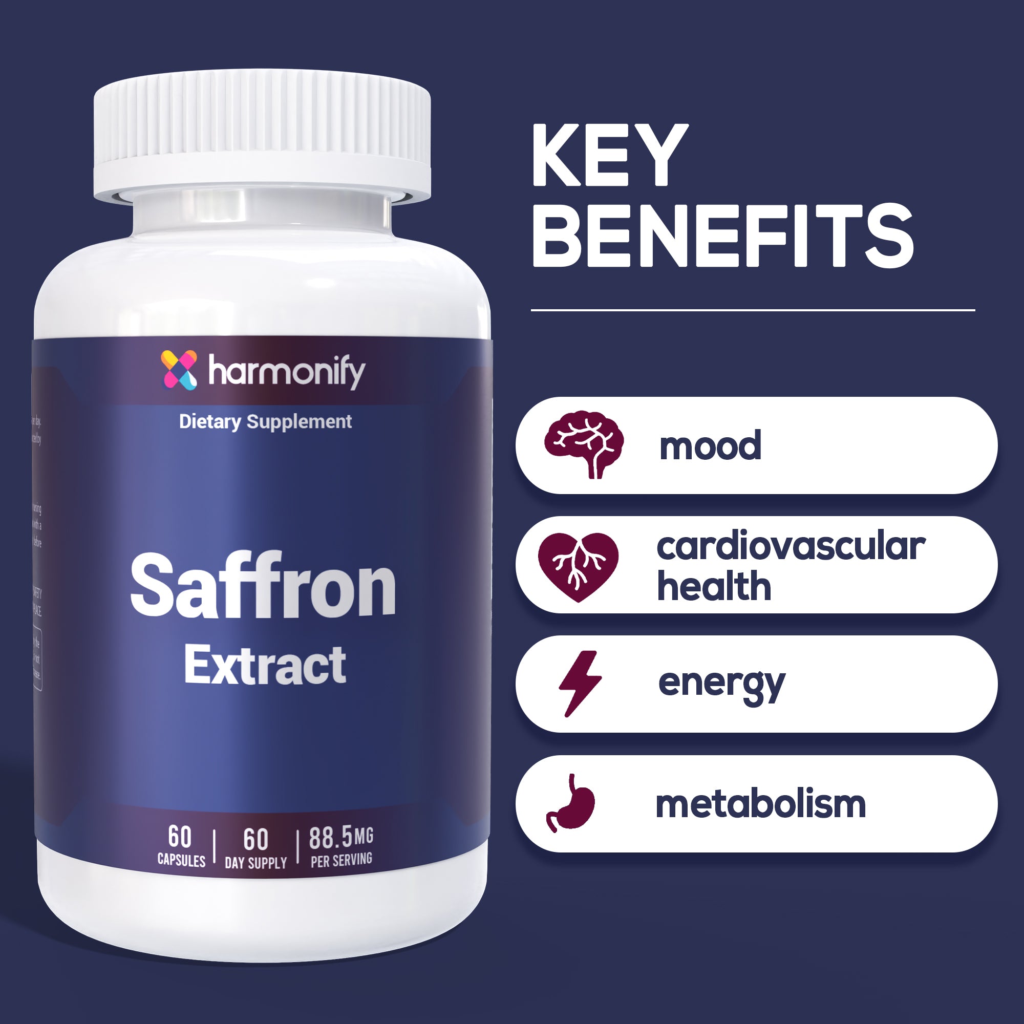 HARMONIFY Saffron Extract 88.5mg – Mood, Eye & Appetite Support – 60 Capsules | Natural Saffron Supplement from Crocus Sativus L. | Non-GMO, Vegan-Friendly, Made in USA