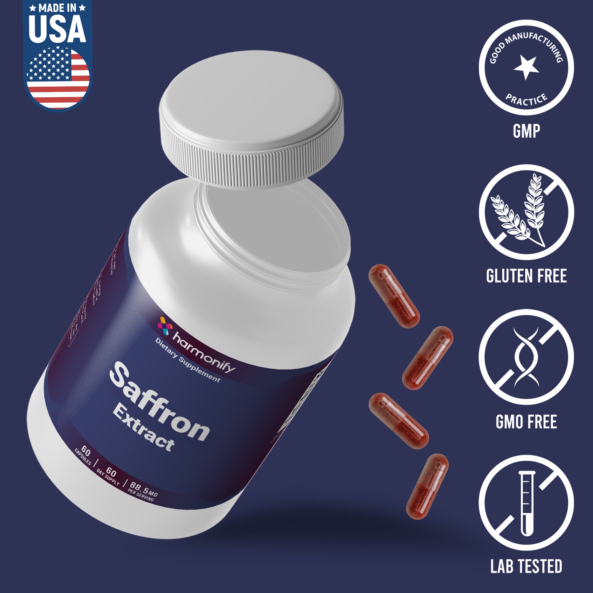 HARMONIFY Saffron Extract 88.5mg – Mood, Eye & Appetite Support – 60 Capsules | Natural Saffron Supplement from Crocus Sativus L. | Non-GMO, Vegan-Friendly, Made in USA