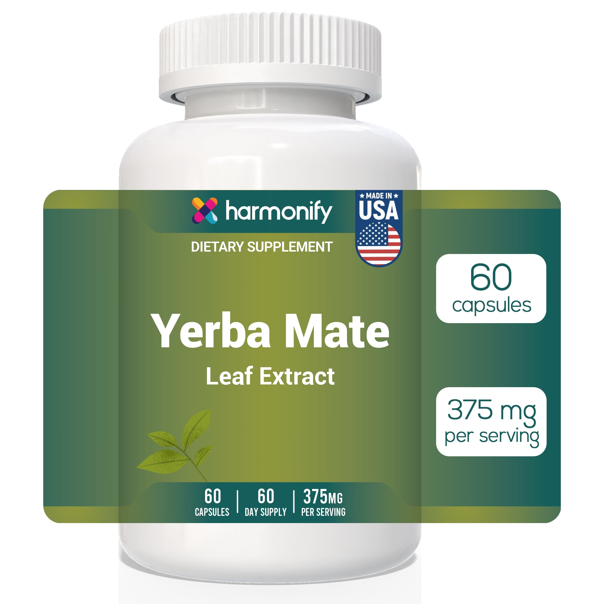 HARMONIFY Yerba Mate Leaf Extract – 375mg, 60 Capsules – Natural Energy Booster, Mental Clarity & Metabolism Support – Caffeine-Rich Herbal Supplement