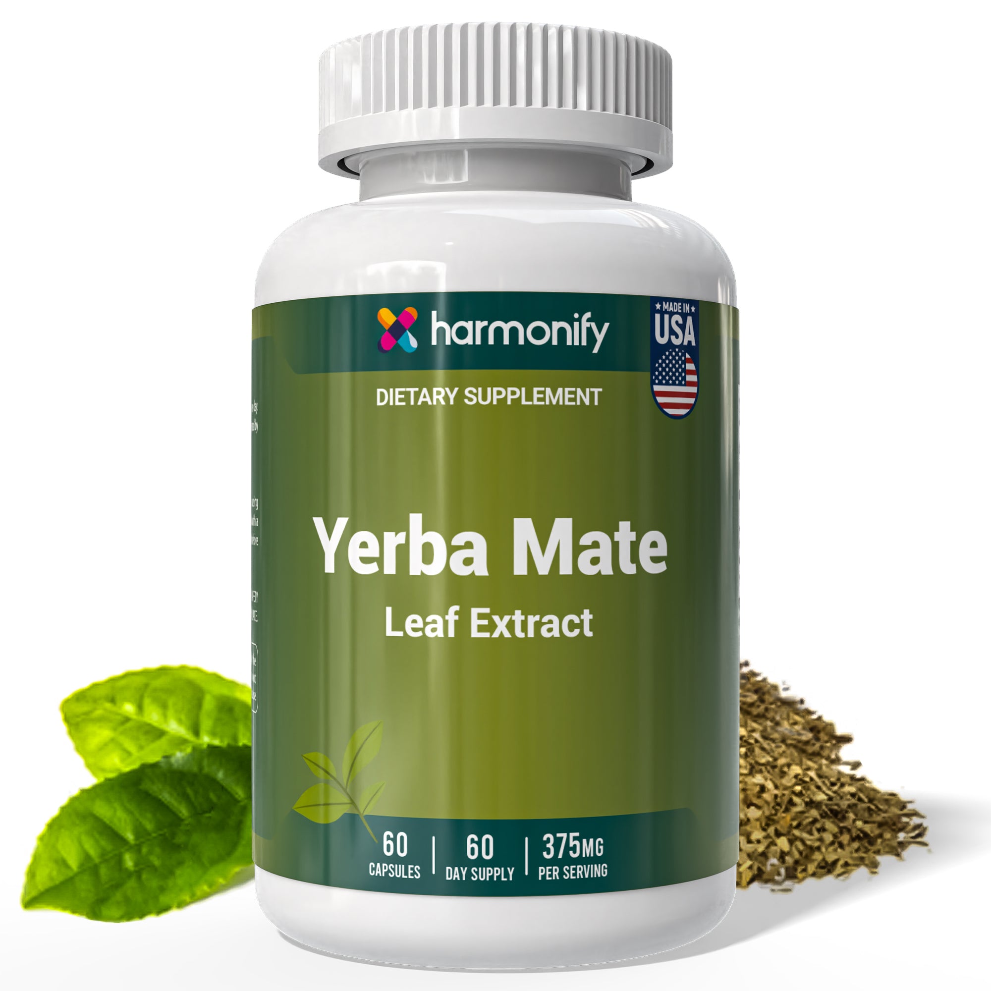 HARMONIFY Yerba Mate Leaf Extract – 375mg, 60 Capsules – Natural Energy Booster, Mental Clarity & Metabolism Support – Caffeine-Rich Herbal Supplement