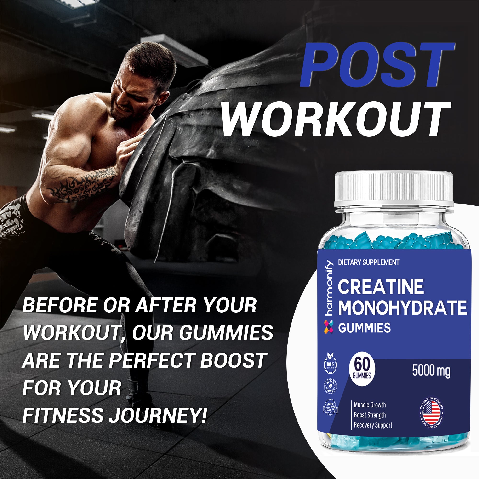 HARMONIFY Creatine Monohydrate Gummies 5000mg – Muscle Growth, Strength & Recovery Support – Vegan, Gluten-Free, Non-GMO – 60 Gummies