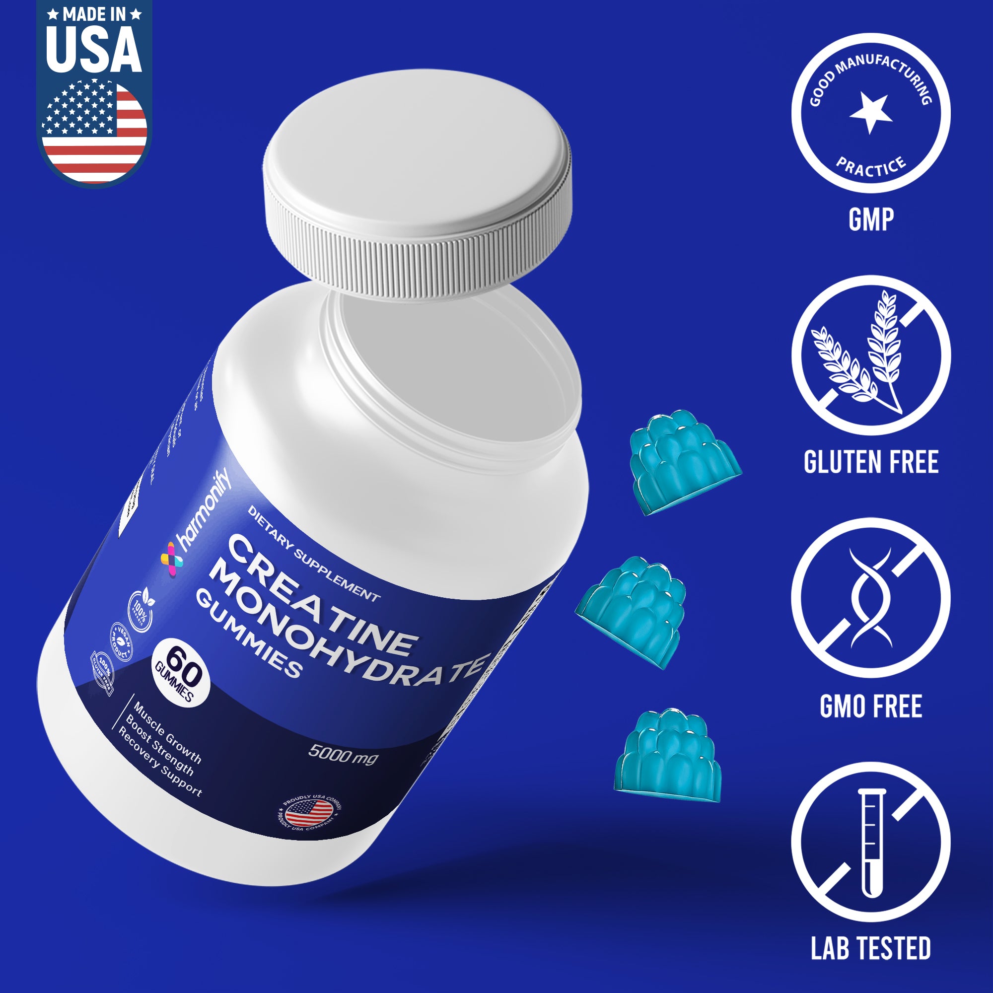 HARMONIFY Creatine Monohydrate Gummies 5000mg – Muscle Growth, Strength & Recovery Support – Vegan, Gluten-Free, Non-GMO – 60 Gummies