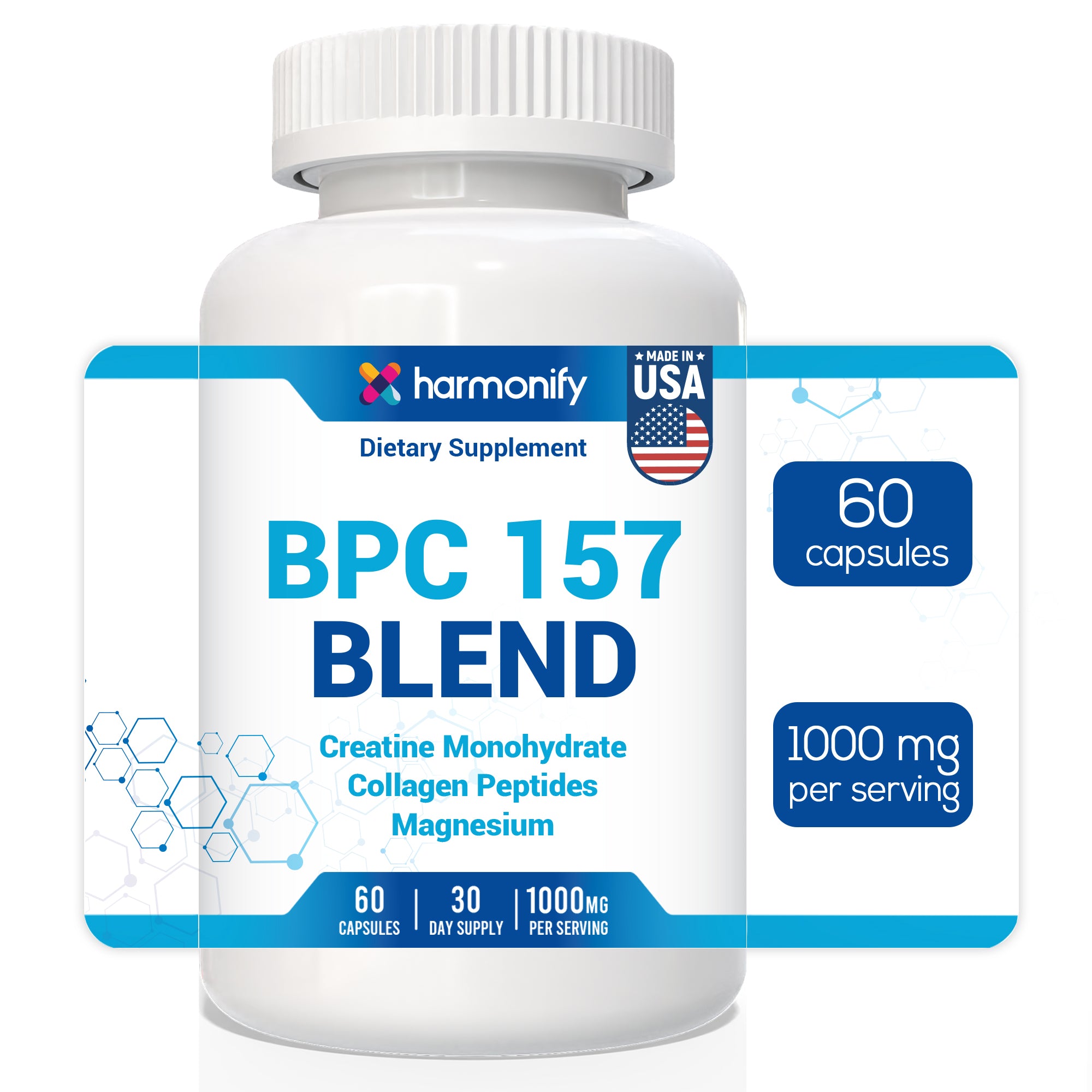 HARMONIFY BPC-157 Blend – with Creatine Monohydrate, Collagen Peptides & Magnesium – 60 Capsules | Muscle Recovery, Joint & Gut Health Support | 1000mg Per Serving | Made in USA