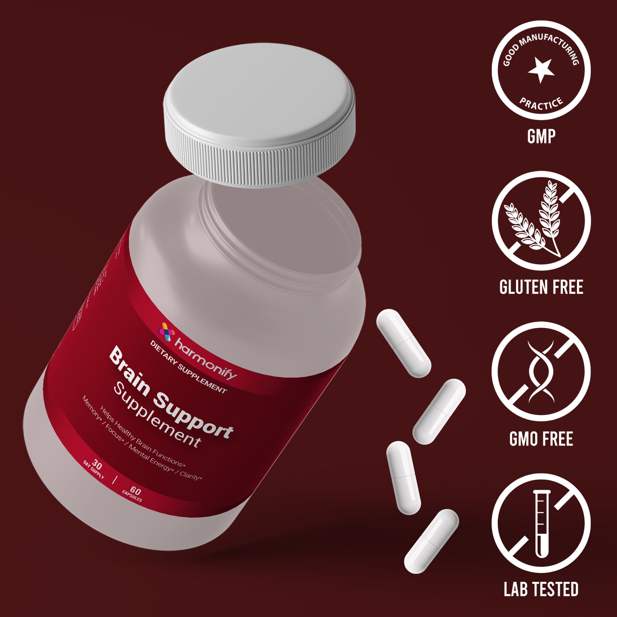 HARMONIFY Brain Support Supplement | Memory, Focus & Mental Clarity Formula | Vitamins, Minerals & Herbal Nootropic Blend | Non-GMO, Gluten-Free | 60 Vegan Capsules