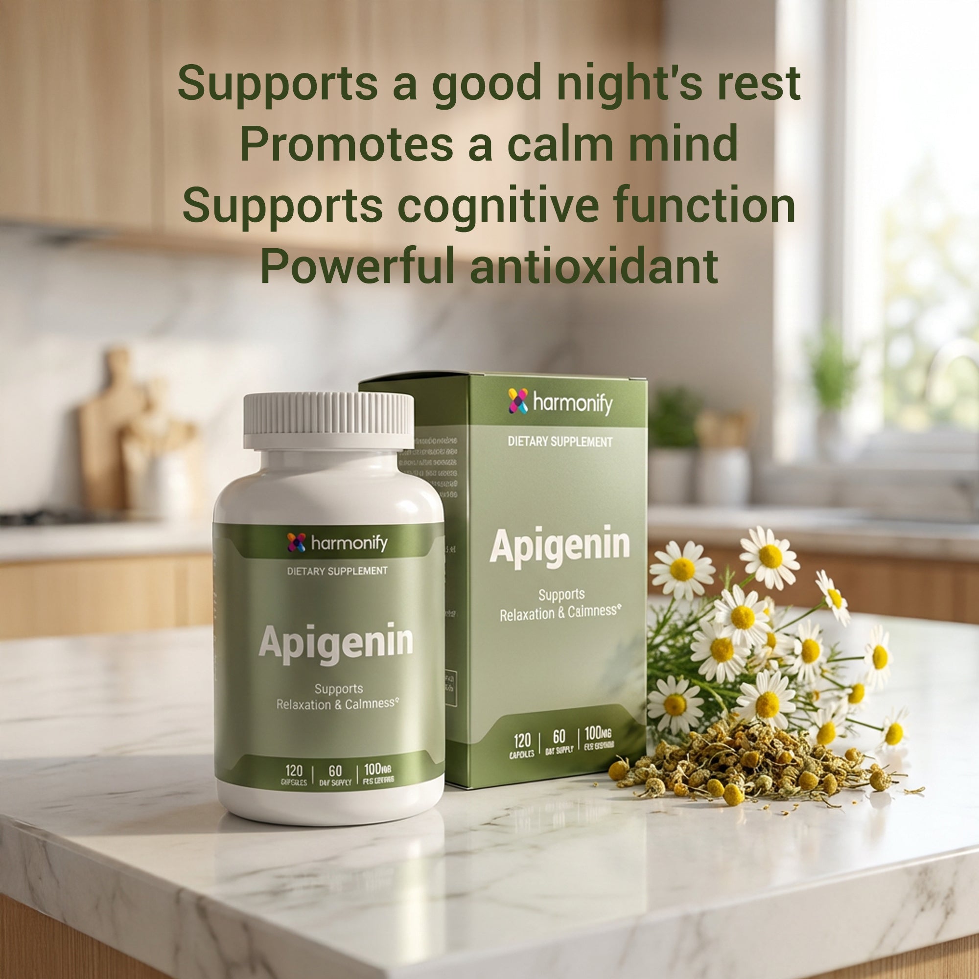 Harmonify Apigenin 100mg per Serving – 120 Capsules (60 Day Supply) – Chamomile Derived Apigenin Flavonoid Supplement – Supports Relaxation & Calmness – Non-GMO
