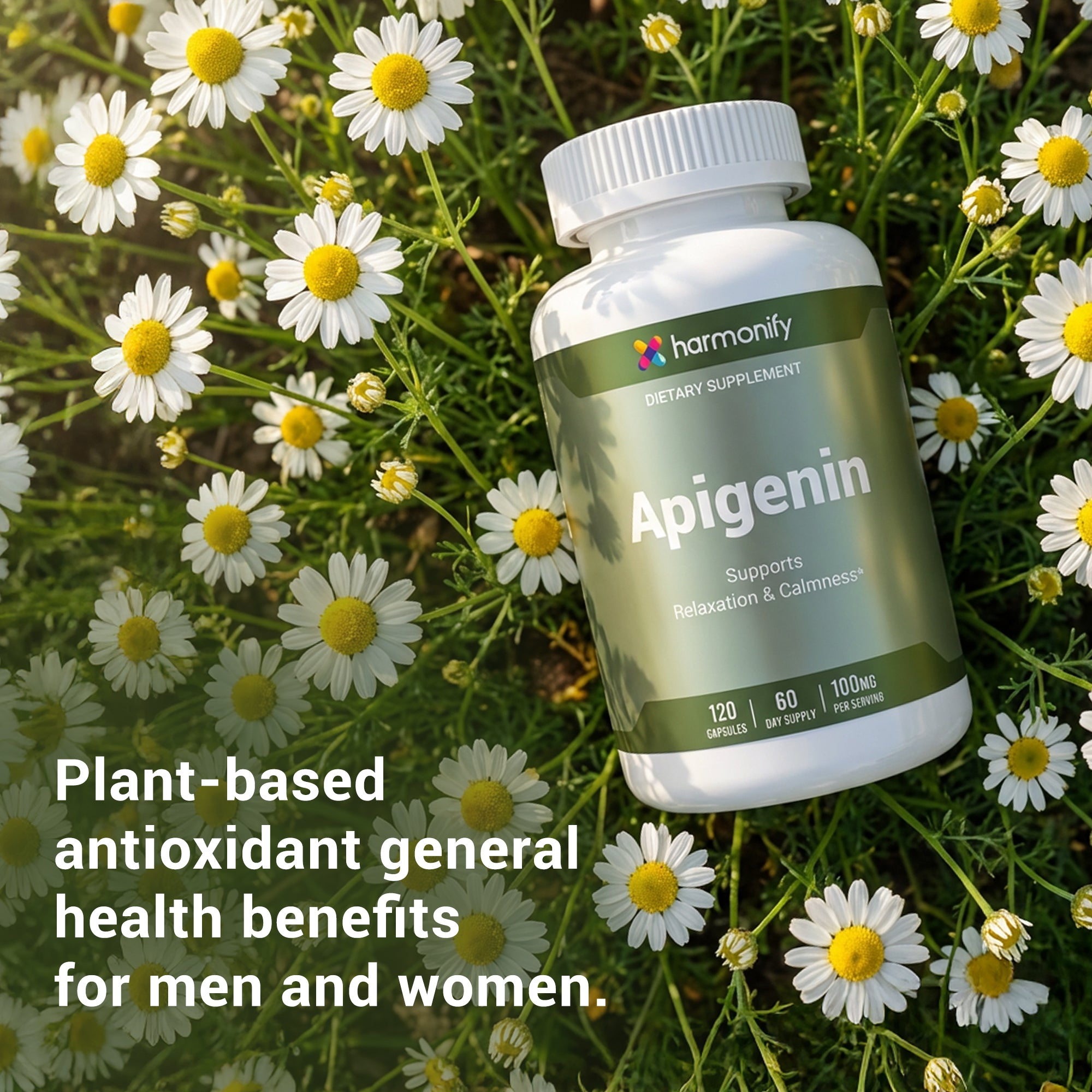 Harmonify Apigenin 100mg per Serving – 120 Capsules (60 Day Supply) – Chamomile Derived Apigenin Flavonoid Supplement – Supports Relaxation & Calmness – Non-GMO