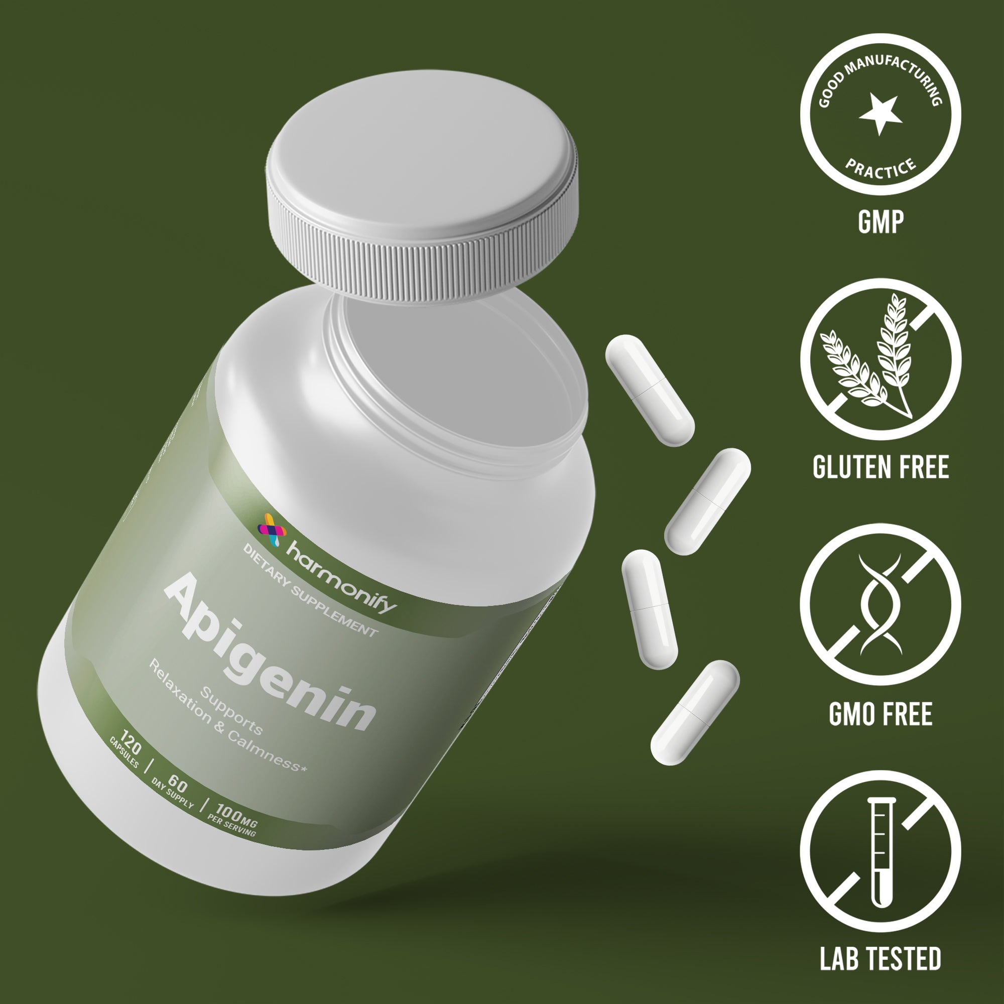 Harmonify Apigenin 100mg per Serving – 120 Capsules (60 Day Supply) – Chamomile Derived Apigenin Flavonoid Supplement – Supports Relaxation & Calmness – Non-GMO