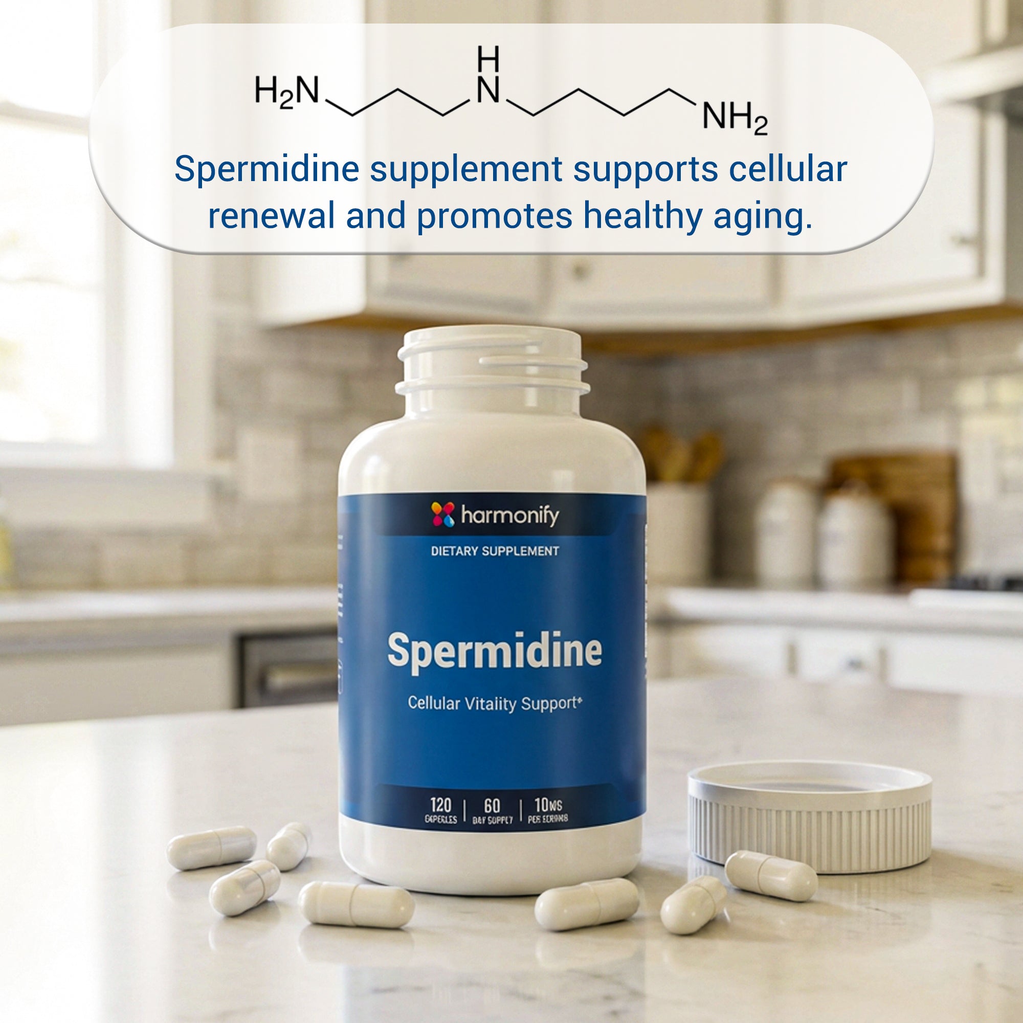 HARMONIFY Spermidine 10mg per Serving – 120 Capsules (60 Day Supply) – Spermidine HCL Supplement – Cellular Vitality Support – Plant-Derived Polyamine – Non-GMO Dietary Supplement