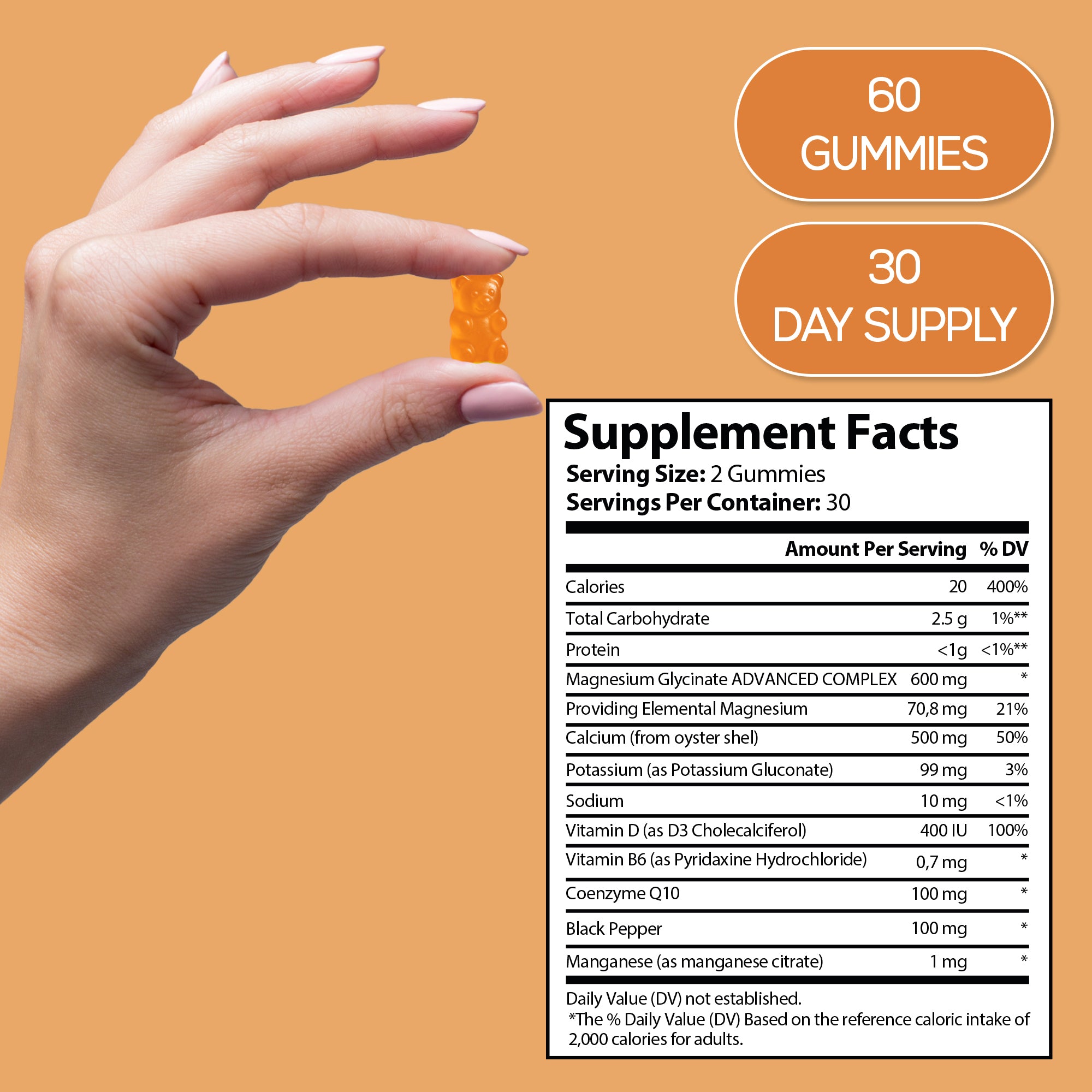 Magnesium Glycinate Gummies 600mg | Advanced Complex with Elemental Magnesium, Calcium 500mg, Vitamin D3, CoQ10 & Black Pepper | 60 Gummies – 30 Day Supply | Supports Muscle, Bone & Relaxation