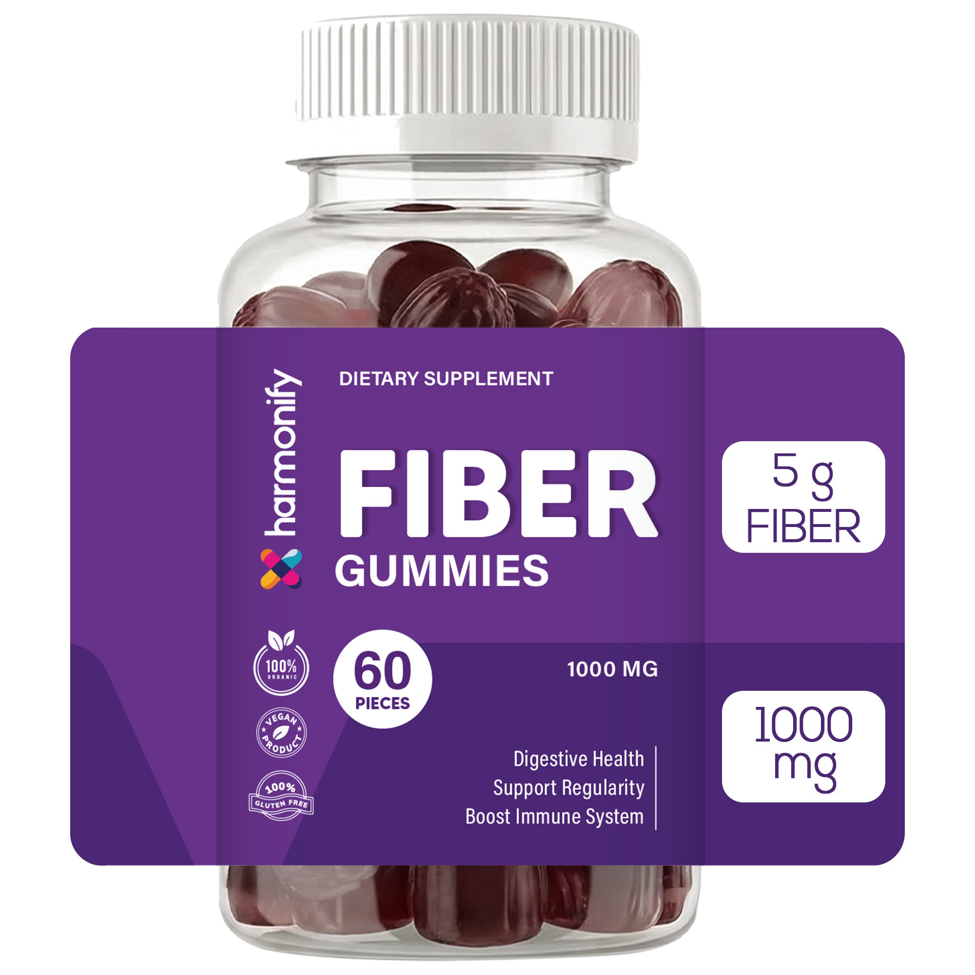 HARMONIFY Fiber Gummies 5g Soluble Fiber Per Serving | Daily Dietary Fiber Supplement for Digestive Health & Gut Support | Low Calorie, Polydextrose Formula | 60 Gummies – 30 Day Supply