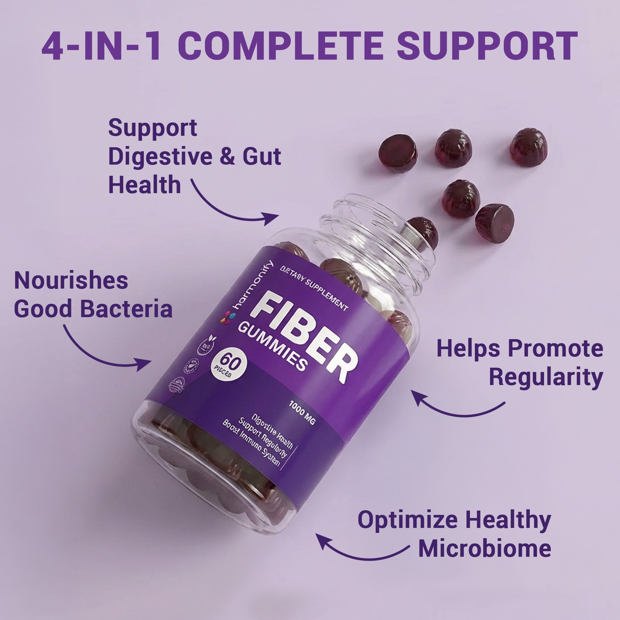 HARMONIFY Fiber Gummies 5g Soluble Fiber Per Serving | Daily Dietary Fiber Supplement for Digestive Health & Gut Support | Low Calorie, Polydextrose Formula | 60 Gummies – 30 Day Supply