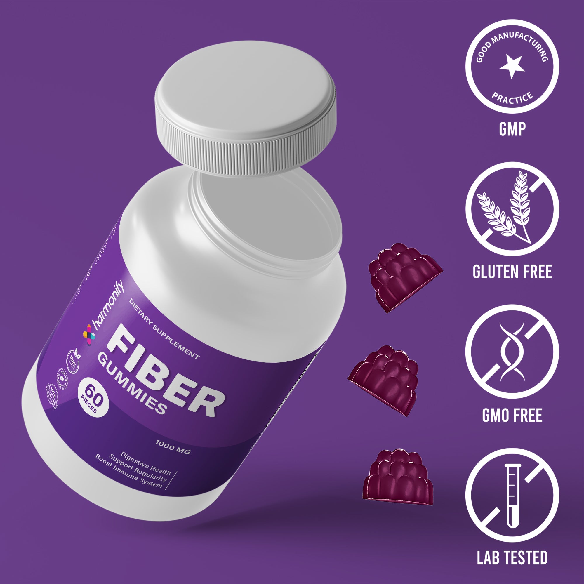 HARMONIFY Fiber Gummies 5g Soluble Fiber Per Serving | Daily Dietary Fiber Supplement for Digestive Health & Gut Support | Low Calorie, Polydextrose Formula | 60 Gummies – 30 Day Supply