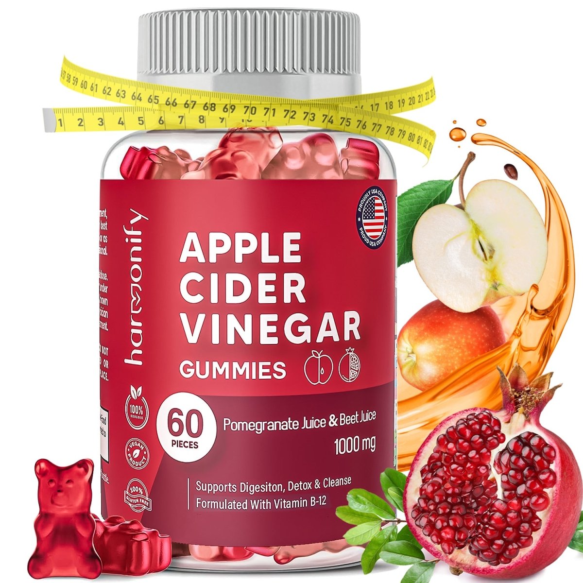 HARMONIFY Apple Cider Vinegar Gummies with Pomegranate Beet Juice & B12 1000 mg - HARMONIFY - HARMONIFY Apple Cider Vinegar Gummies with Pomegranate Beet Juice & B12 1000 mg - 008 - HRF - AppleCiderVinegarGummy - HARMONIFY - Supplement - 850056258104