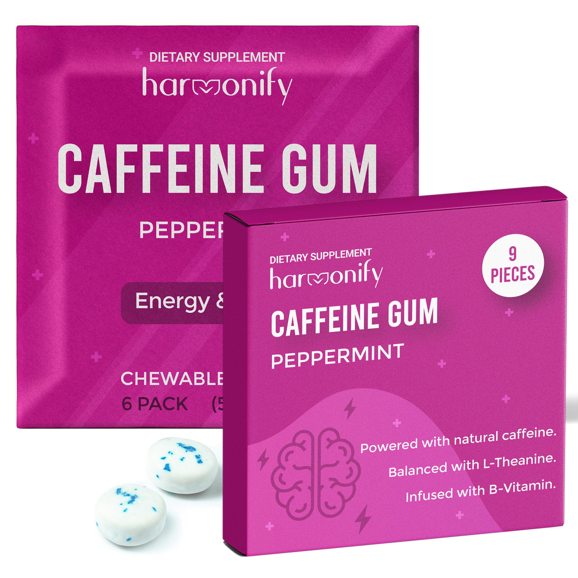 HARMONIFY Energy & Focus Gum (54 Pieces) – Sugar-Free with L-Theanine, Natural Caffeine, and Vitamins B12 & B6 – Focus & Mental Clarity – Keto & Vegan, Peppermint Flavor