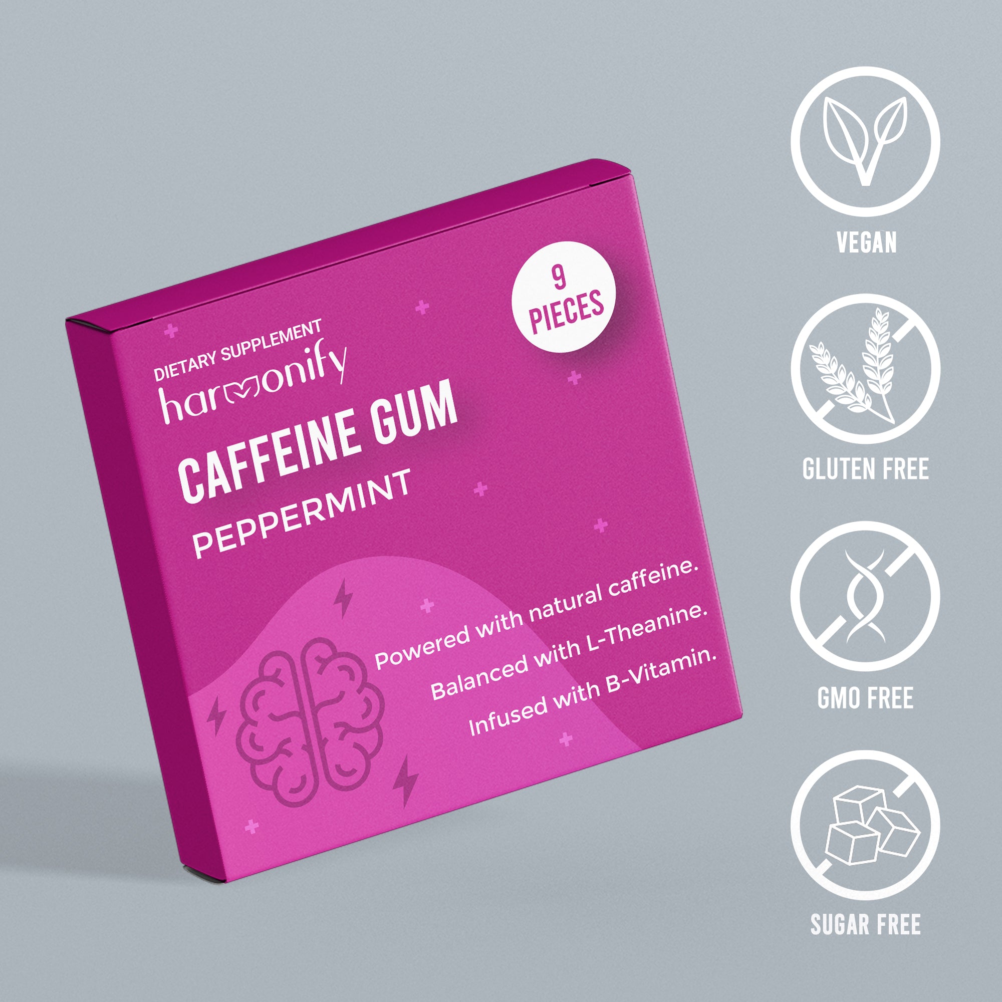 HARMONIFY Energy & Focus Gum (54 Pieces) – Sugar-Free with L-Theanine, Natural Caffeine, and Vitamins B12 & B6 – Focus & Mental Clarity – Keto & Vegan, Peppermint Flavor