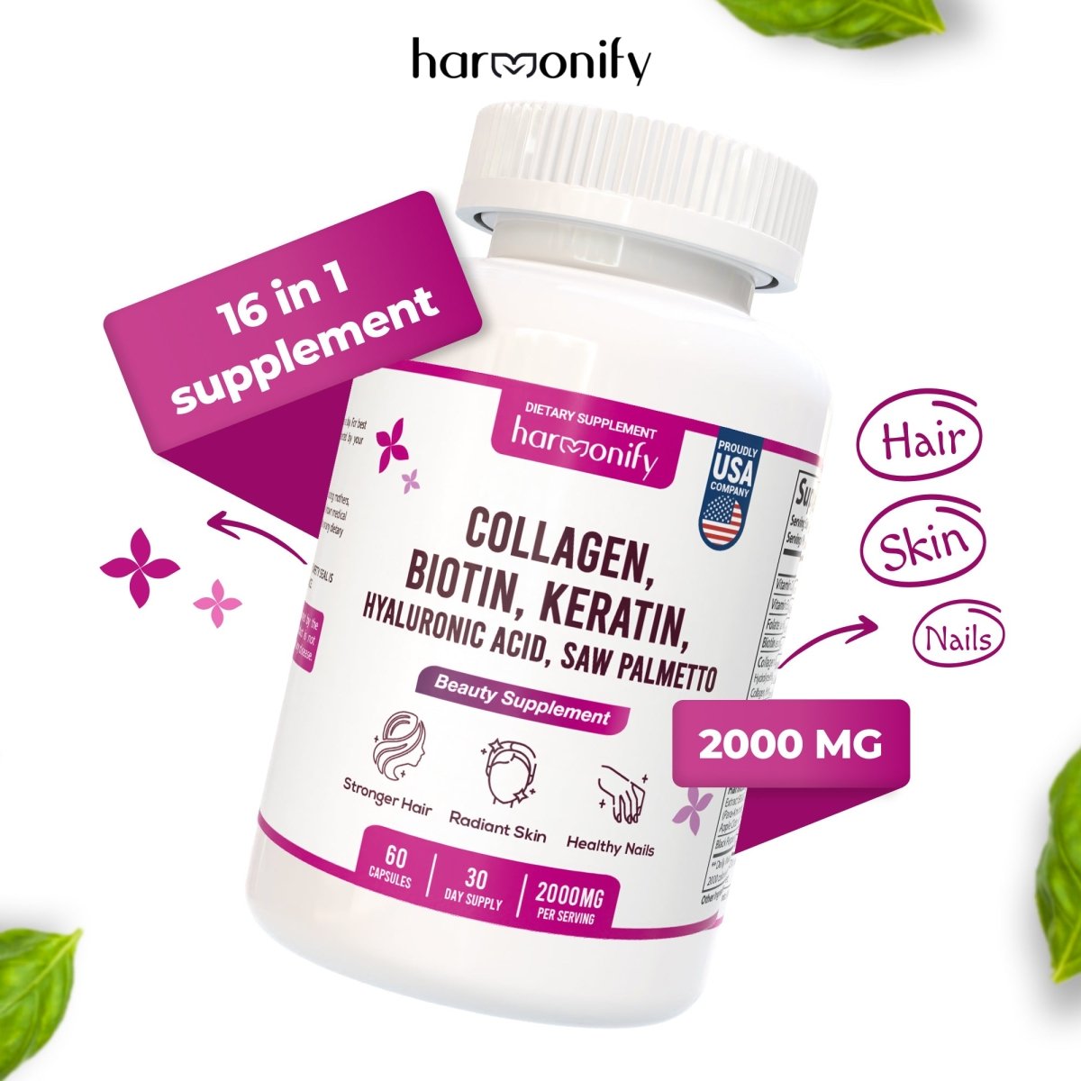 HARMONIFY Hair&Nails&Skin Supplement with Collagen Biotin Keratin Saw Palmetto Hyaluronic Acid - HARMONIFY - HARMONIFY Hair&Nails&Skin Supplement with Collagen Biotin Keratin Saw Palmetto Hyaluronic Acid - HARMONIFY - Supplement - 