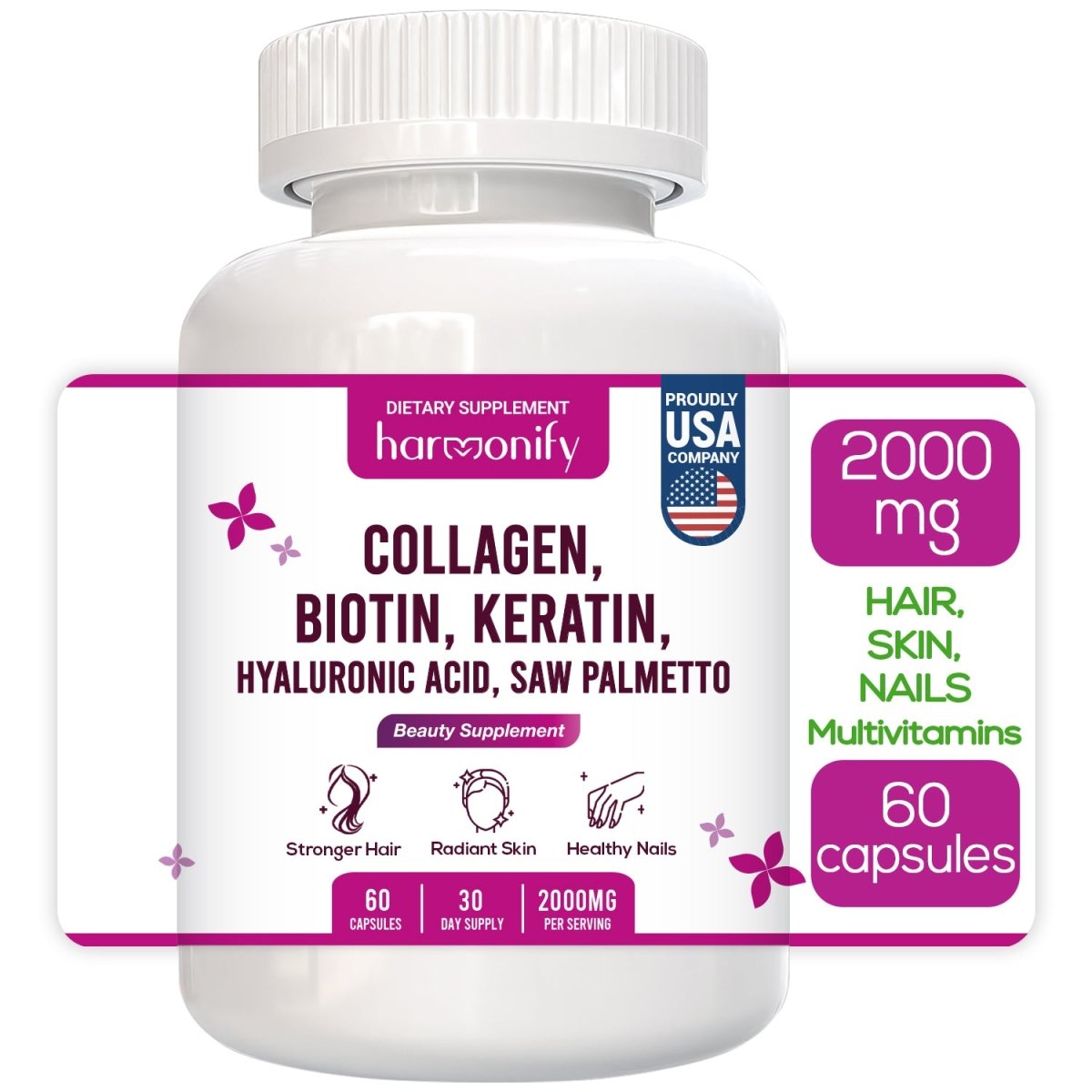 HARMONIFY Hair&Nails&Skin Supplement with Collagen Biotin Keratin Saw Palmetto Hyaluronic Acid - HARMONIFY - HARMONIFY Hair&Nails&Skin Supplement with Collagen Biotin Keratin Saw Palmetto Hyaluronic Acid - HARMONIFY - Supplement - 