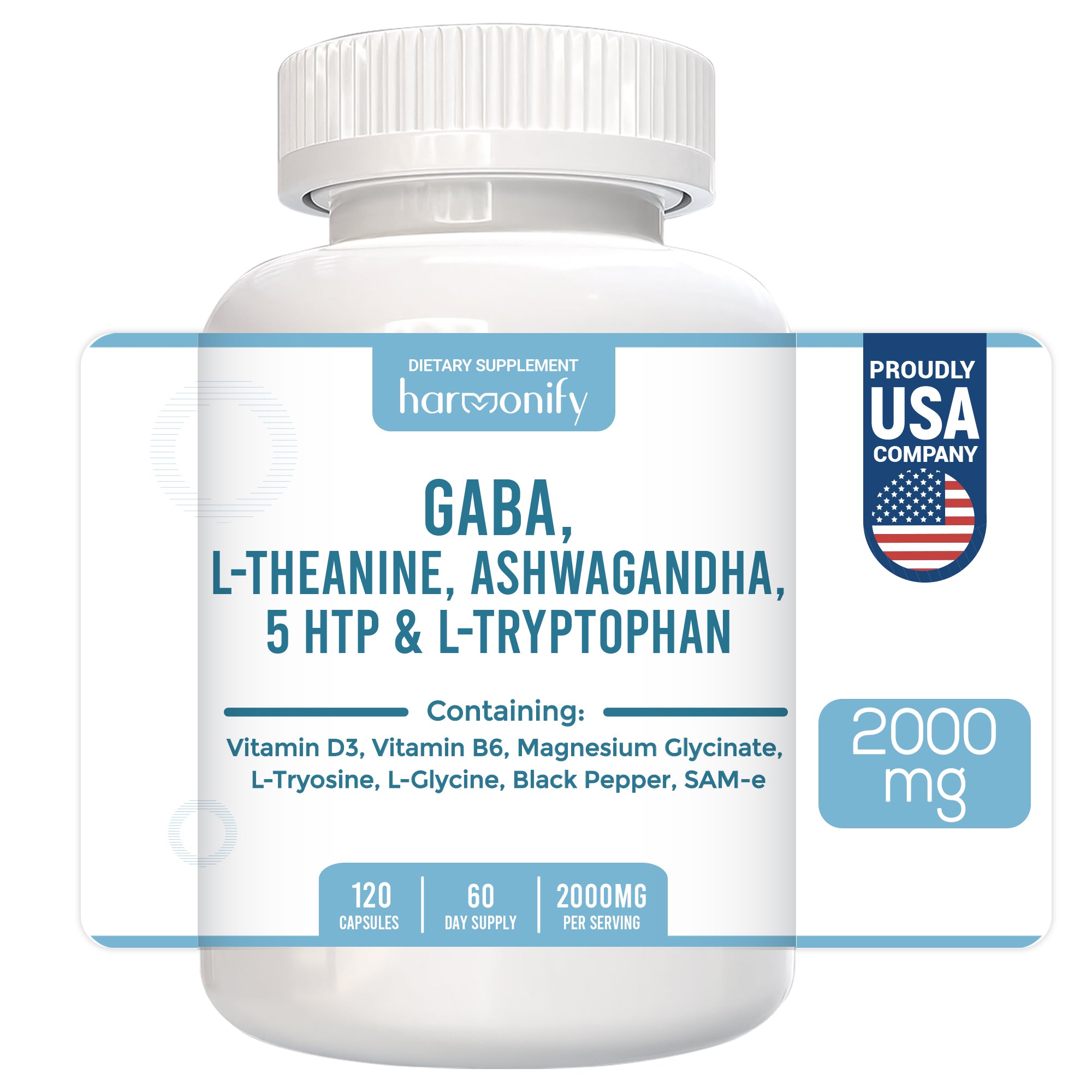 GABA L-Theanine Supplements with Magnesium Glycinate, Ashwagandha, Same, 5-HTP and L-Tryptophan, 12 in 1 Supplements, 120 Capsules, 2000 mg
