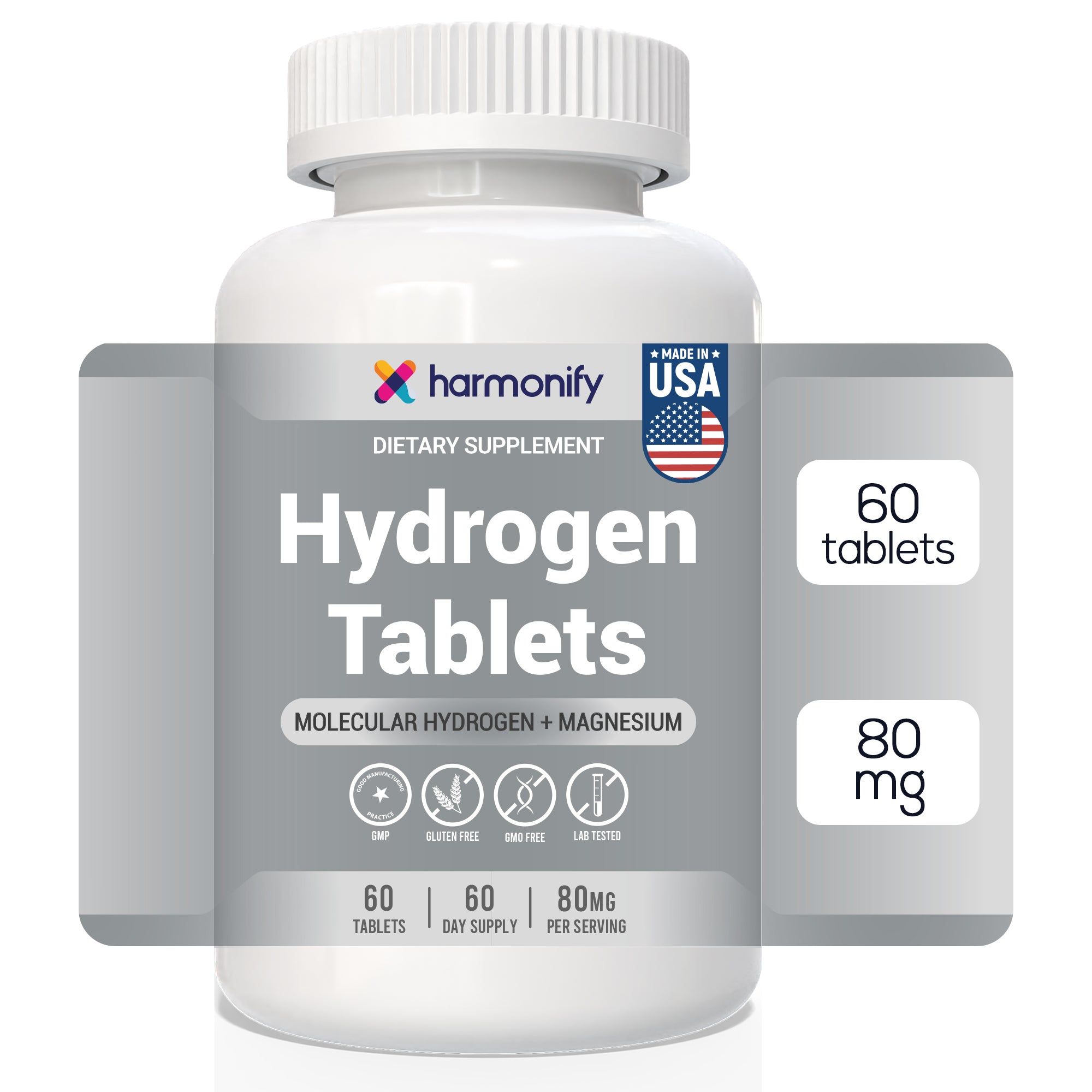 HARMONIFY Hydrogen Tablets – Molecular Hydrogen + Magnesium – 60 Tablets – 80mg per Serving – Supports Energy, Antioxidant Defense & Cellular Health – Gluten-Free, GMO-Free, Lab-Tested – Made in USA