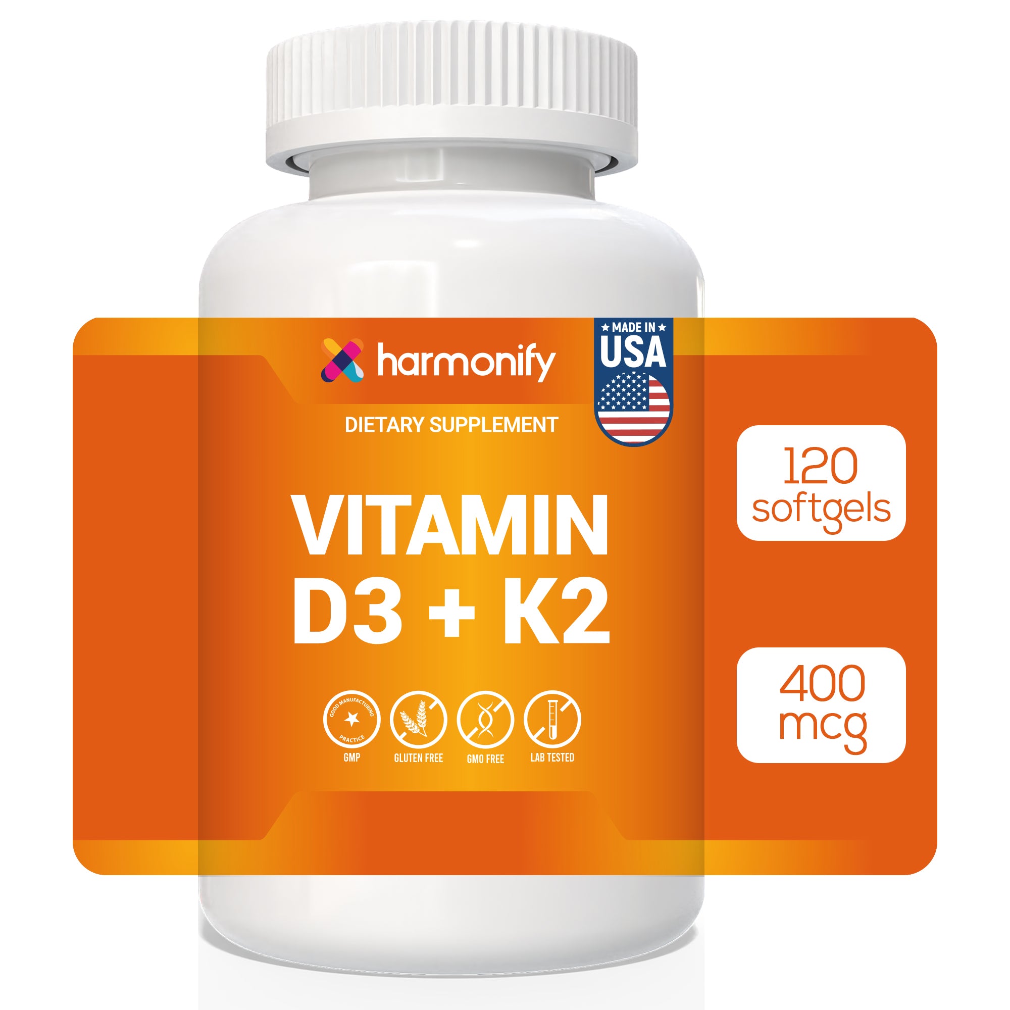 HARMONIFY Vitamin D3 K2 400 mcg | 120 Softgels |  Bone & Heart Support
