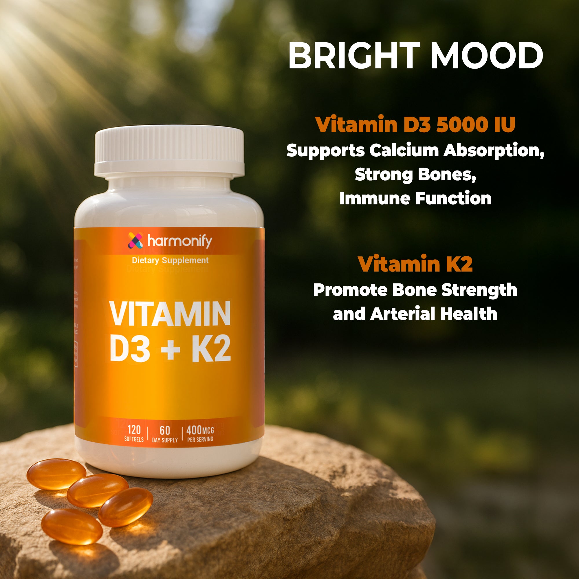 HARMONIFY Vitamin D3 K2 400 mcg | 120 Softgels |  Bone & Heart Support