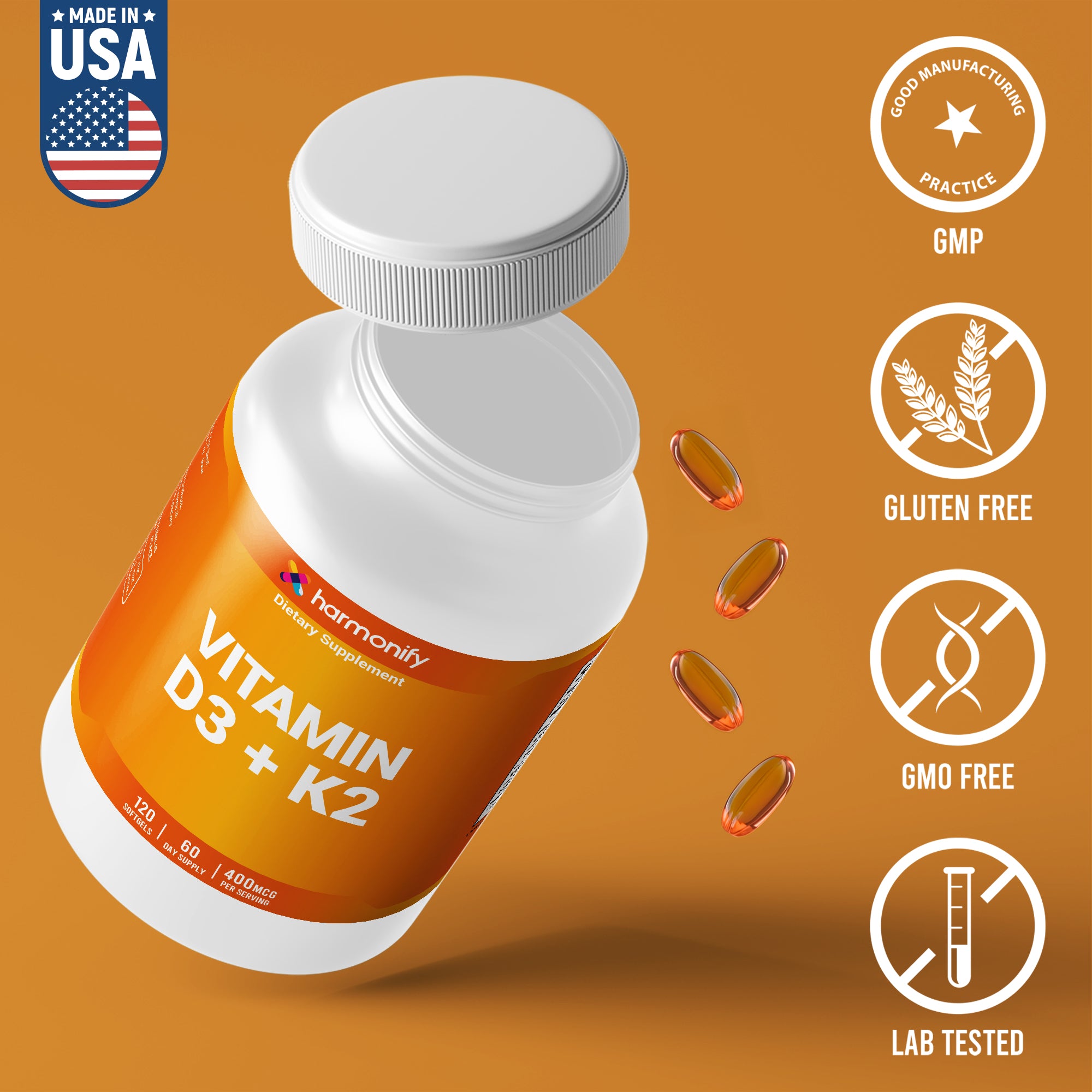 HARMONIFY Vitamin D3 K2 400 mcg | 120 Softgels |  Bone & Heart Support