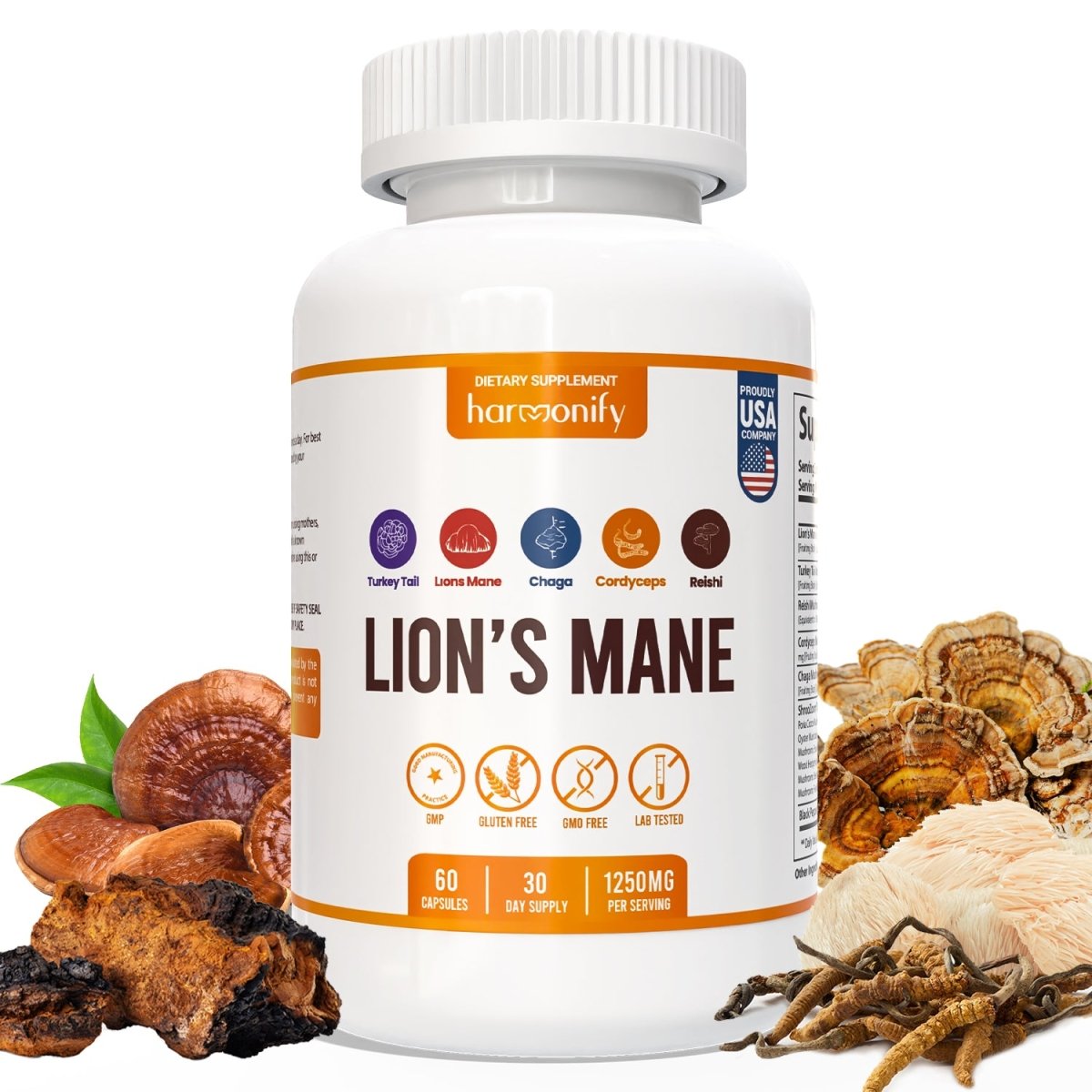 HARMONIFY Lions Mane Blend Supplement Capsules with Turkey Tail, Reishi, Cordyceps Chaga, Maitake, Meshima, Poria Cocos, Shiitake, Oyster, Porcini, Enoki Complex Mushroom - HARMONIFY - HARMONIFY Lions Mane Blend Supplement Capsules with Turkey Tail, Reishi, Cordyceps Chaga, Maitake, Meshima, Poria Cocos, Shiitake, Oyster, Porcini, Enoki Complex Mushroom - 026 - HRF - LionsManeMushroomBlend - HARMONIFY - Supplement - 850056258746