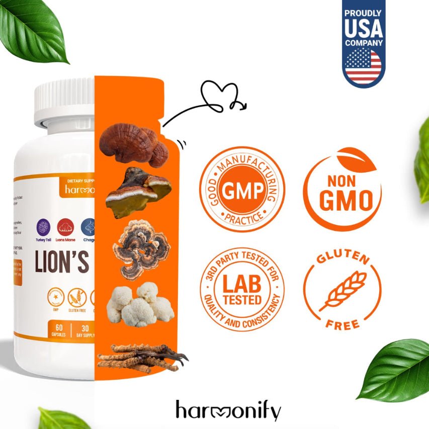 HARMONIFY Lions Mane Blend Supplement Capsules with Turkey Tail, Reishi, Cordyceps Chaga, Maitake, Meshima, Poria Cocos, Shiitake, Oyster, Porcini, Enoki Complex Mushroom - HARMONIFY - HARMONIFY Lions Mane Blend Supplement Capsules with Turkey Tail, Reishi, Cordyceps Chaga, Maitake, Meshima, Poria Cocos, Shiitake, Oyster, Porcini, Enoki Complex Mushroom - 026 - HRF - LionsManeMushroomBlend - HARMONIFY - Supplement - 850056258746