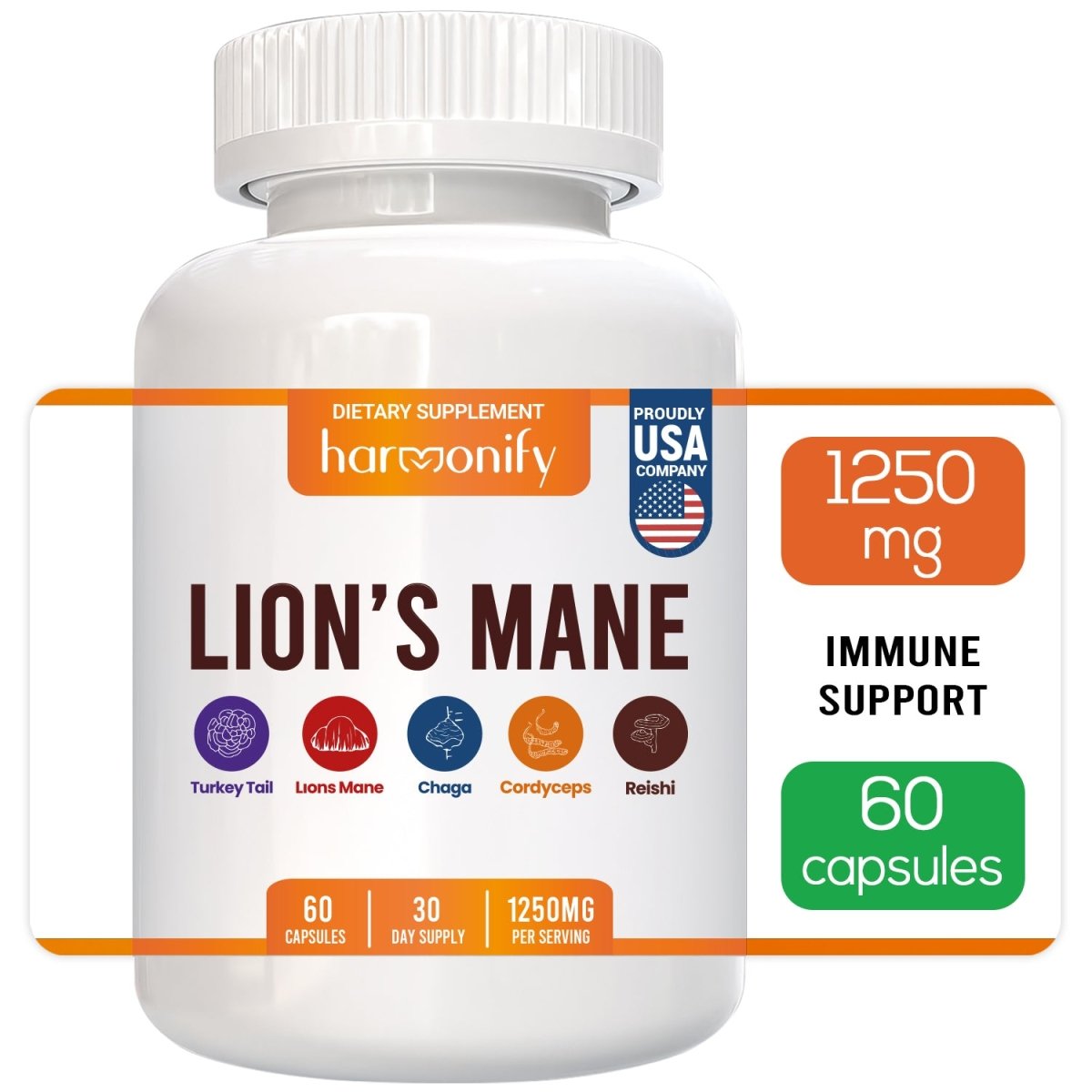 HARMONIFY Lions Mane Blend Supplement Capsules with Turkey Tail, Reishi, Cordyceps Chaga, Maitake, Meshima, Poria Cocos, Shiitake, Oyster, Porcini, Enoki Complex Mushroom - HARMONIFY - HARMONIFY Lions Mane Blend Supplement Capsules with Turkey Tail, Reishi, Cordyceps Chaga, Maitake, Meshima, Poria Cocos, Shiitake, Oyster, Porcini, Enoki Complex Mushroom - 026 - HRF - LionsManeMushroomBlend - HARMONIFY - Supplement - 850056258746