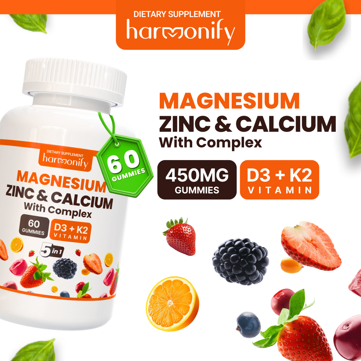 HARMONIFY Magnesium Calcium Zinc with Vitamin D3 & K2 Gummies, 30 Days Serving - HARMONIFY - HARMONIFY Magnesium Calcium Zinc with Vitamin D3 & K2 Gummies, 30 Days Serving - 021 - HRF - Magnesium&Calc&ZincK2D3 - HARMONIFY - Supplement - 850056258630