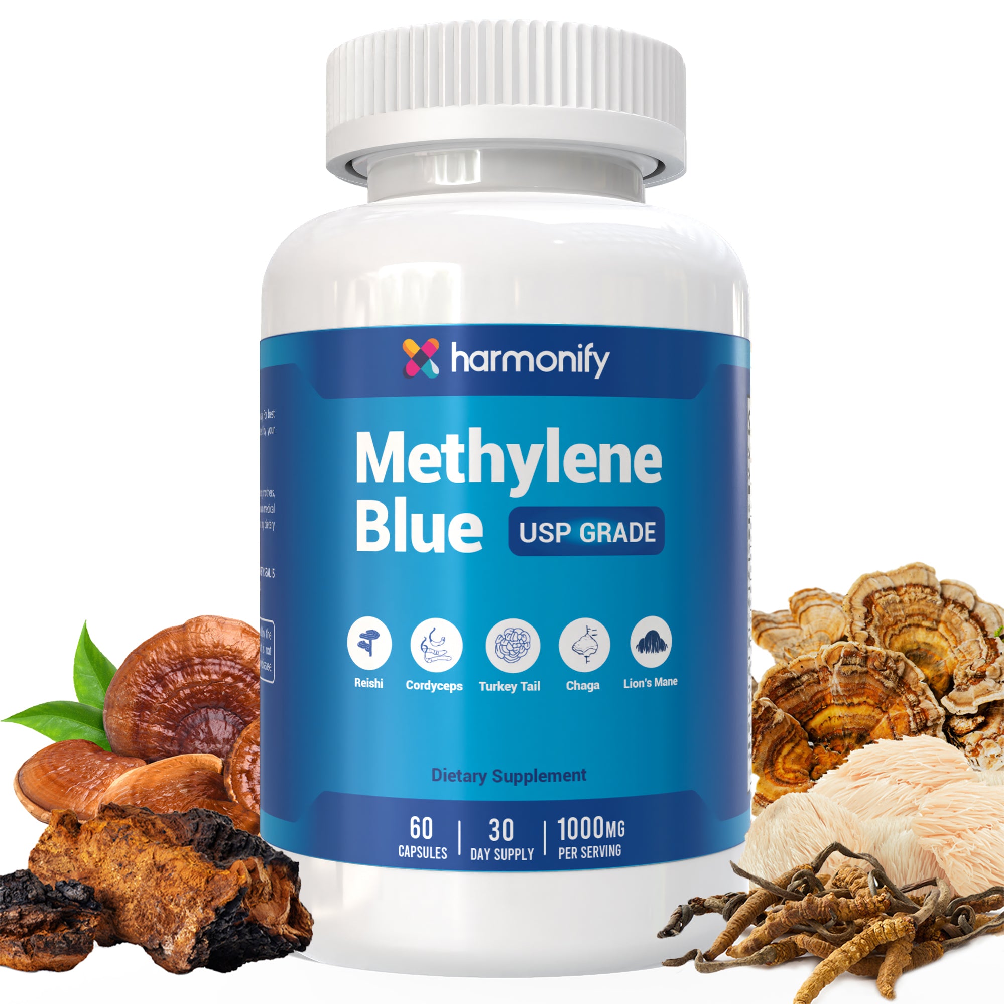 HARMONIFY Methylene Blue Capsule 1000 mg + 7 Mushroom Extract Complex – Brain & Immune Support | 60 Capsules