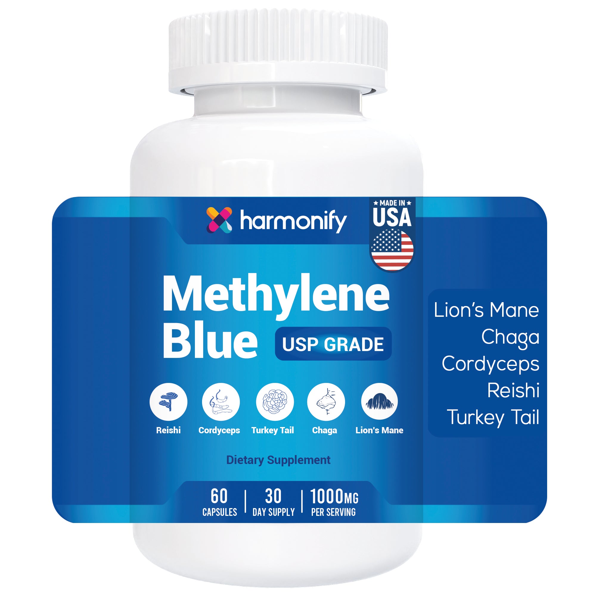 HARMONIFY Methylene Blue Capsule 1000 mg + 7 Mushroom Extract Complex – Brain & Immune Support | 60 Capsules