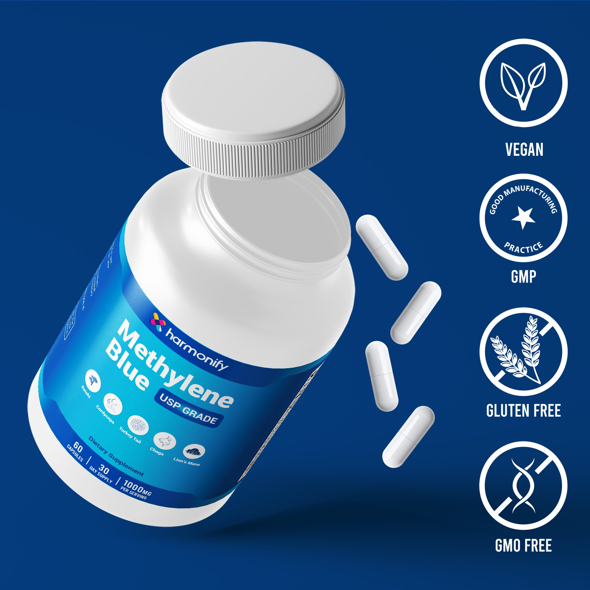 HARMONIFY Methylene Blue Capsule 1000 mg + 7 Mushroom Extract Complex – Brain & Immune Support | 60 Capsules