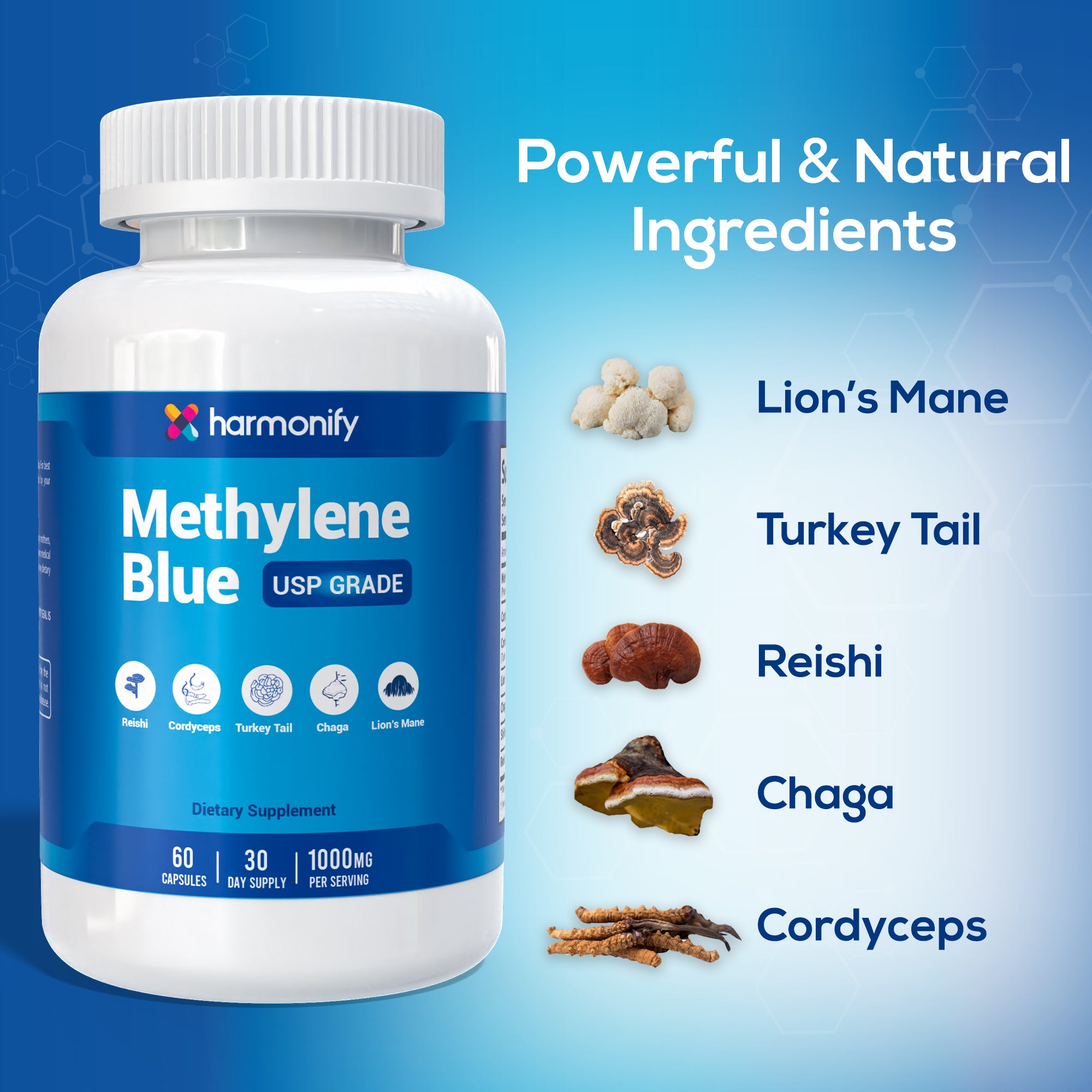 HARMONIFY Methylene Blue Capsule 1000 mg + 7 Mushroom Extract Complex – Brain & Immune Support | 60 Capsules