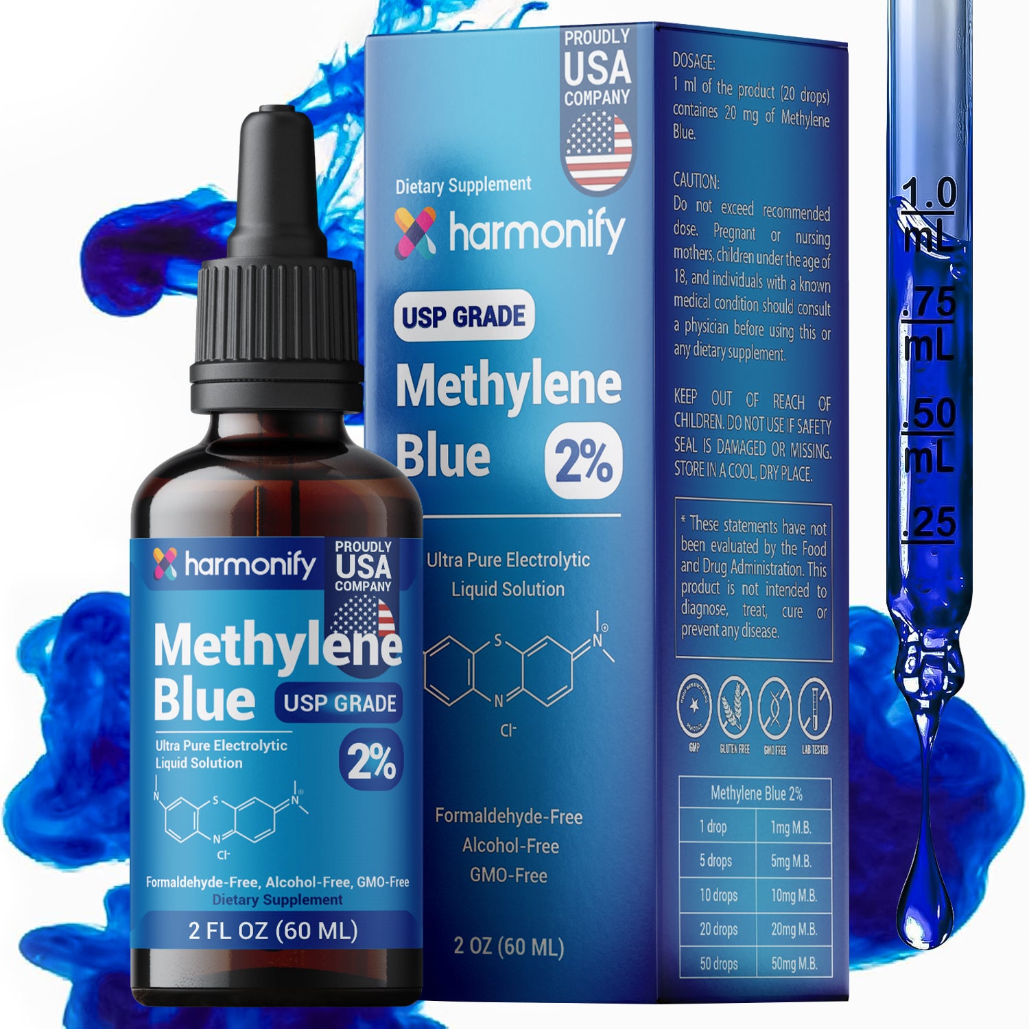 HARMONIFY Methylene Blue 60 ML (2 FL OZ) – Pharmaceutical Grade, 2% USP, Injection-Grade Solution