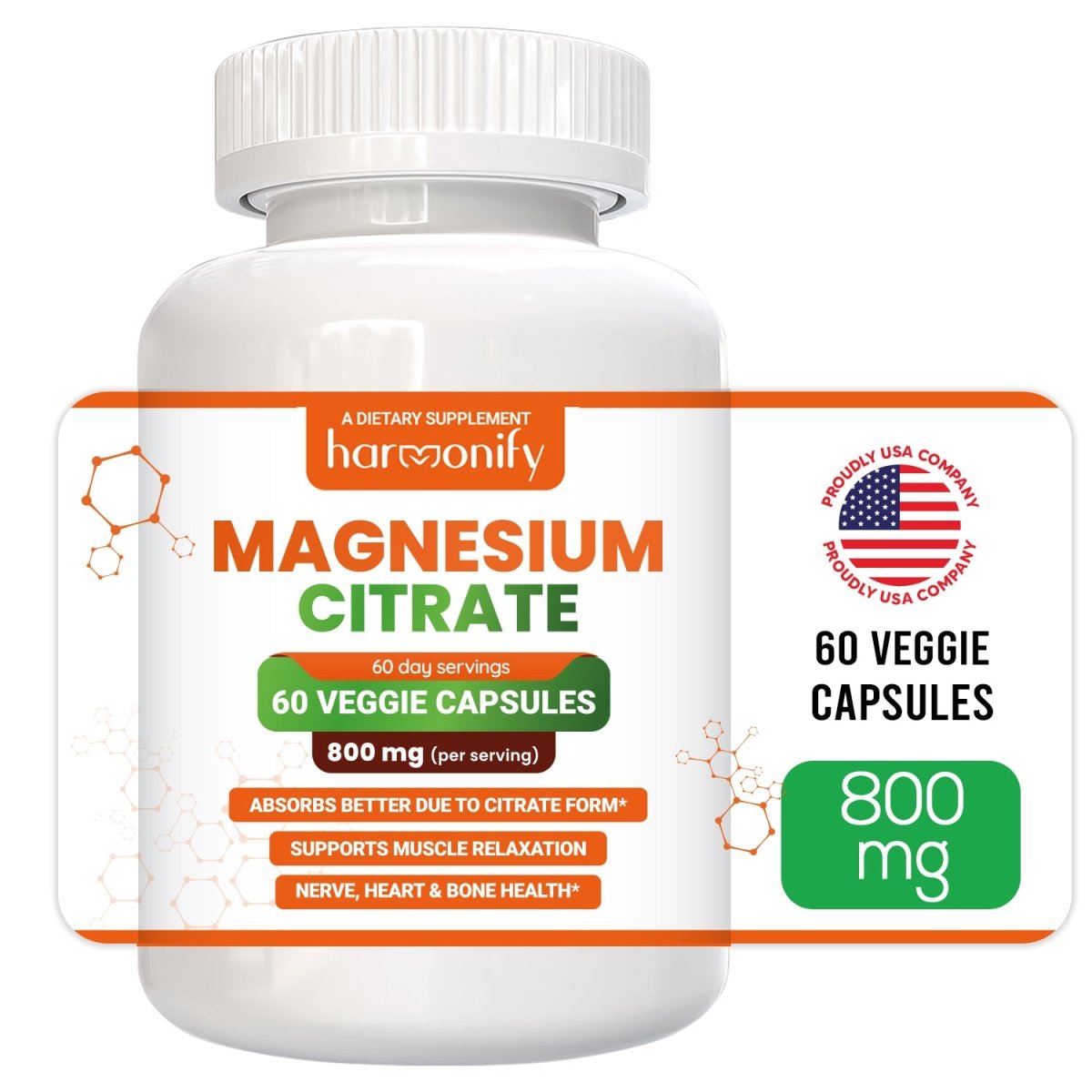 HARMONIFY Magnesium Citrate Supplement 800 mg per Serving, 60 Vegetarian Capsules - HARMONIFY - HARMONIFY Magnesium Citrate Supplement 800 mg per Serving, 60 Vegetarian Capsules - 022 - HRF - MagnesiumCitrate - HARMONIFY - Supplement - 850056258937