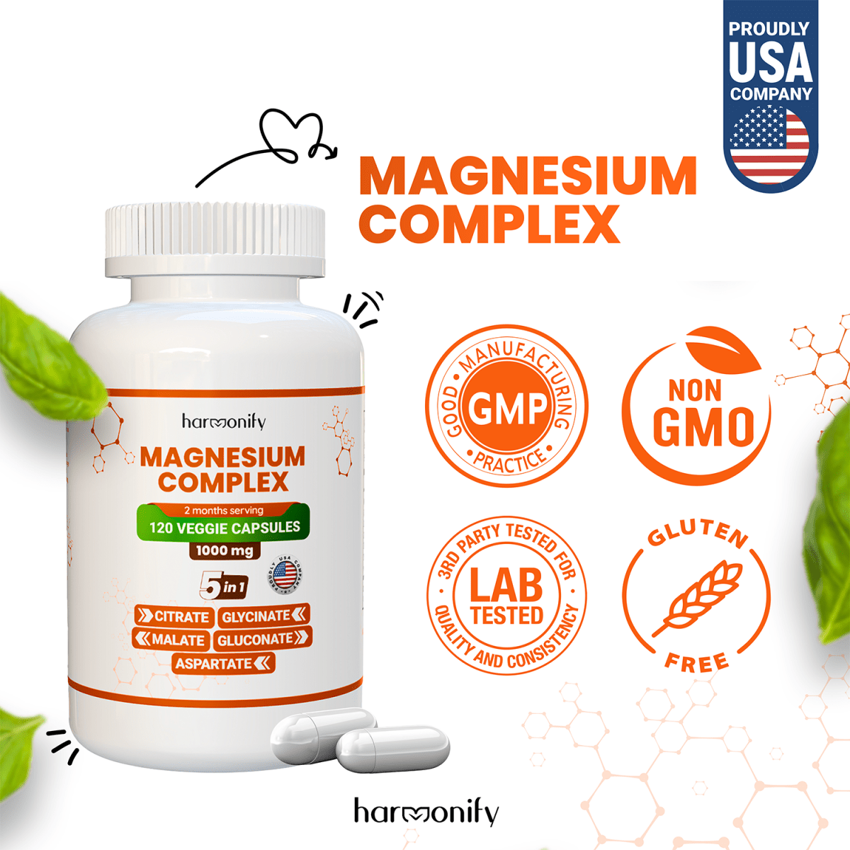 HARMONIFY Magnesium Glycinate, Citrate, Malate, Aspartate, Gluconate 1000 mg & 120 Capsule - HARMONIFY - HARMONIFY Magnesium Glycinate, Citrate, Malate, Aspartate, Gluconate 1000 mg & 120 Capsule - HARMONIFY - HARMONIFY Magnesium Glycinate, Citrate, Malate, Aspartate, Gluconate 1000 mg & 120 Capsule - HARMONIFY - HARMONIFY Magnesium Glycinate, Citrate, Malate, Aspartate, Gluconate 1000 mg & 120 Capsule - 004 - HRF - MagnesiumComplex - HARMONIFY - Supplement - 850056258067 - 004 - HRF - Magnesium