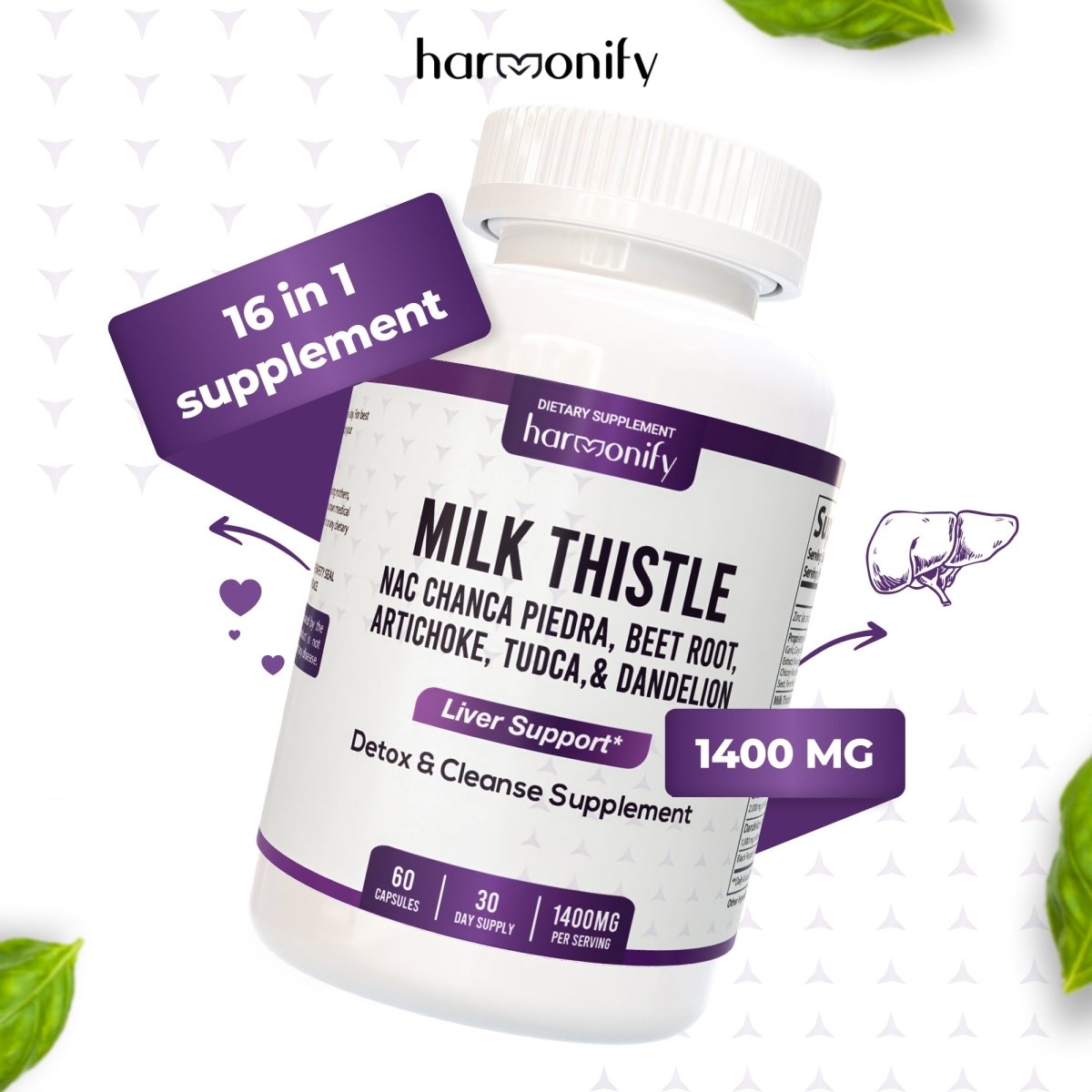 HARMONIFY Milk Thistle Berberine Turmeric Liver Detox & Repair – Cleanse Supplement with Chanca Piedra, NAC, Beet Root, Artichoke & Dandelion Root - HARMONIFY - HARMONIFY Milk Thistle Berberine Turmeric Liver Detox & Repair – Cleanse Supplement with Chanca Piedra, NAC, Beet Root, Artichoke & Dandelion Root - 029 - HRF - MilkThistleBlendSupplement - HARMONIFY - Supplement - 850056258654