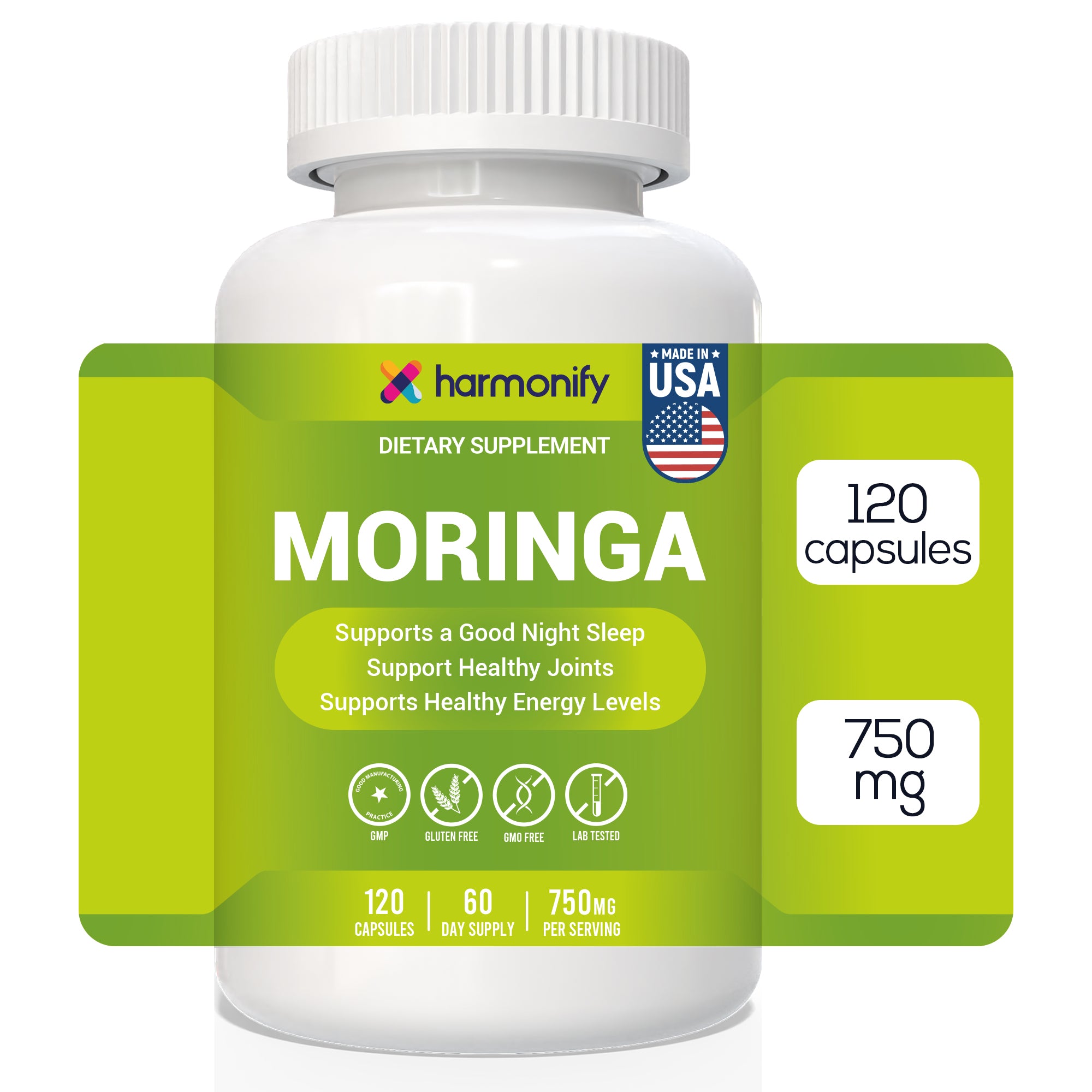 HARMONIFY Moringa Capsules - Pure Moringa Powder - Supports Restful Sleep, Joint Comfort & Healthy Energy Levels - 120 Moringa Capsules - Made in USA, Gluten Free, GMO Free